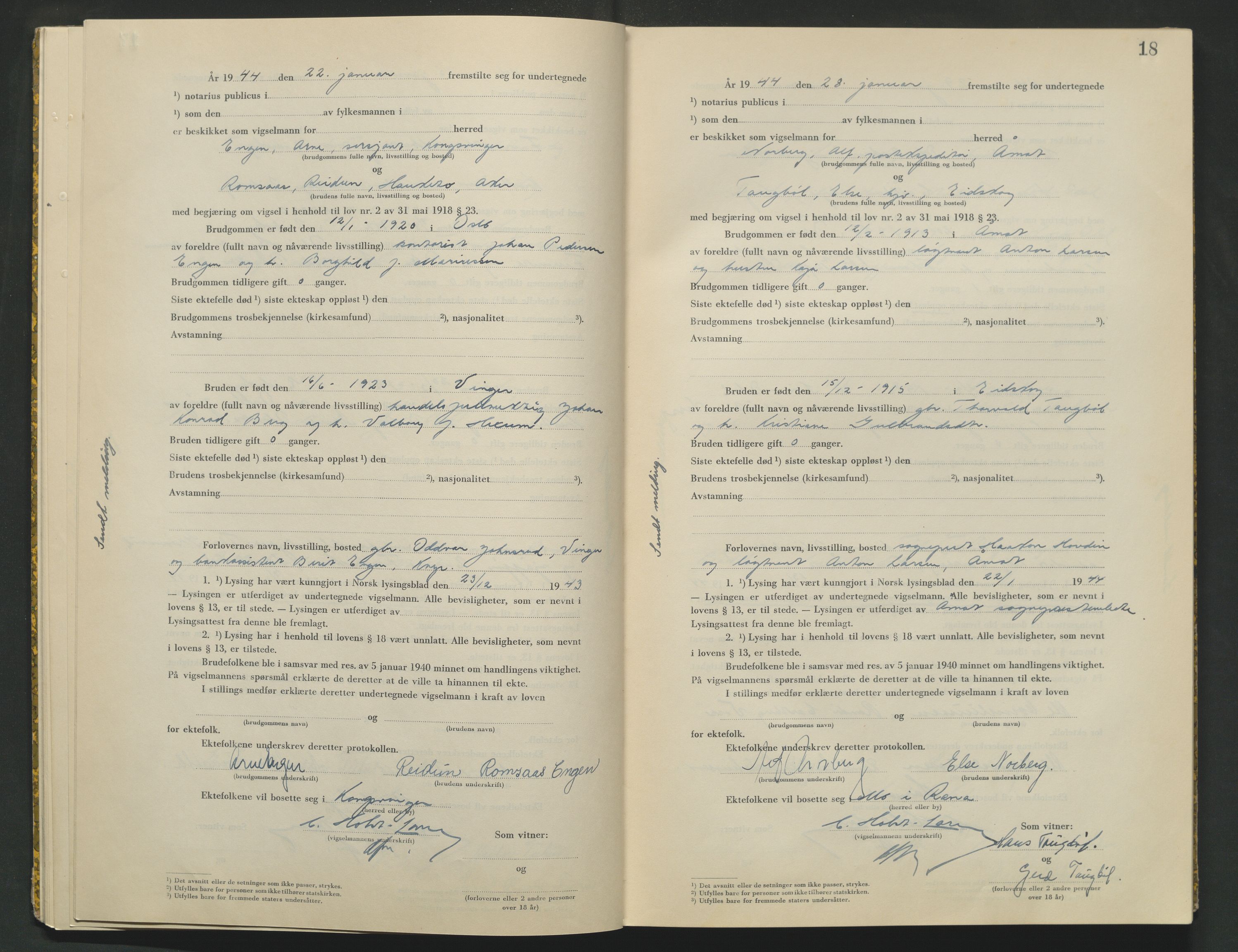 Vinger og Odal sorenskriveri, AV/SAH-TING-022/L/Lb/L0003: Vigselsprotokoll, 1943-1944, p. 18
