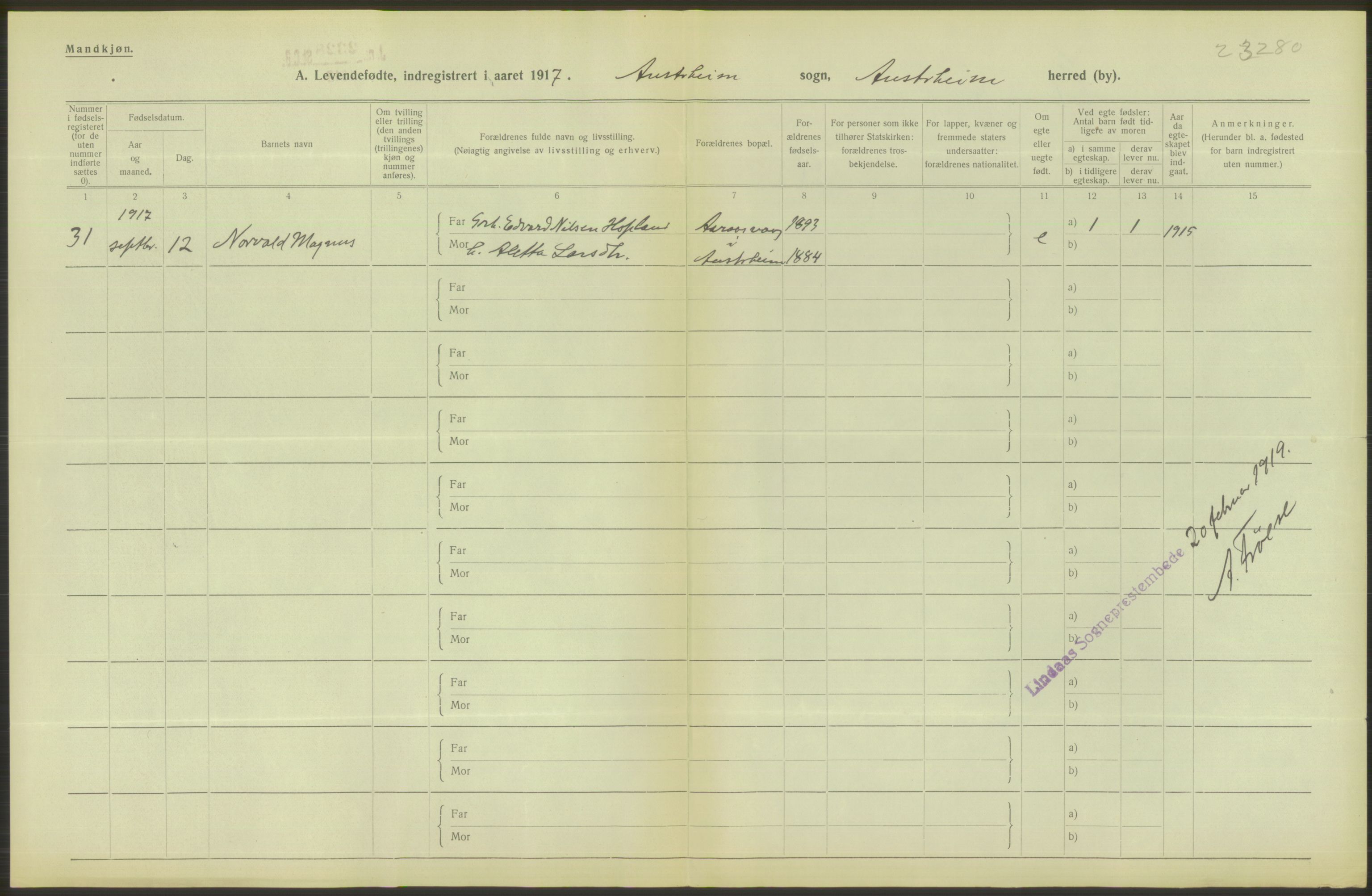 Statistisk sentralbyrå, Sosiodemografiske emner, Befolkning, RA/S-2228/D/Df/Dfb/Dfbg/L0034: S. Bergenhus amt: Levendefødte menn og kvinner. Bygder., 1917, p. 24