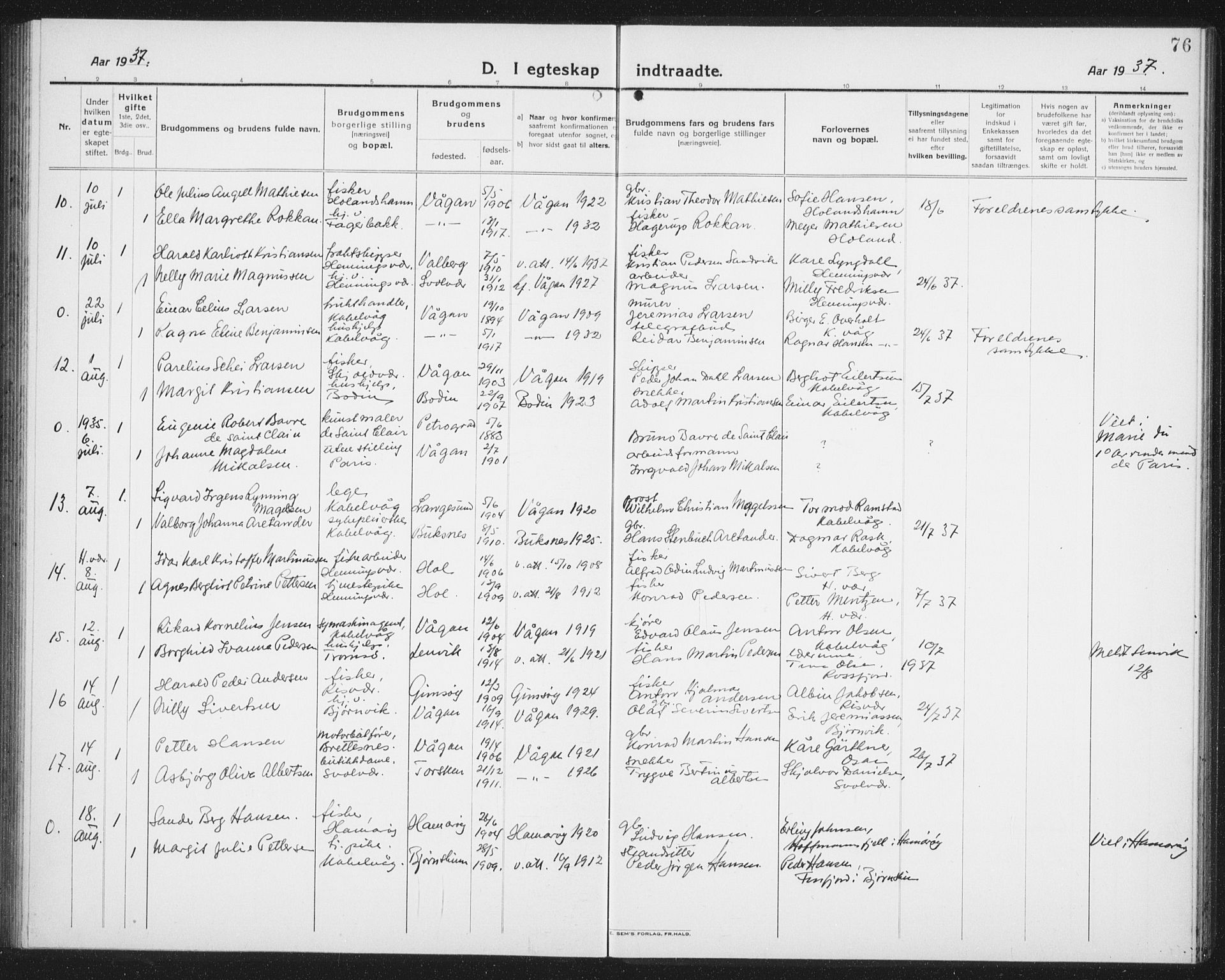 Ministerialprotokoller, klokkerbøker og fødselsregistre - Nordland, AV/SAT-A-1459/874/L1082: Parish register (copy) no. 874C11, 1920-1939, p. 76