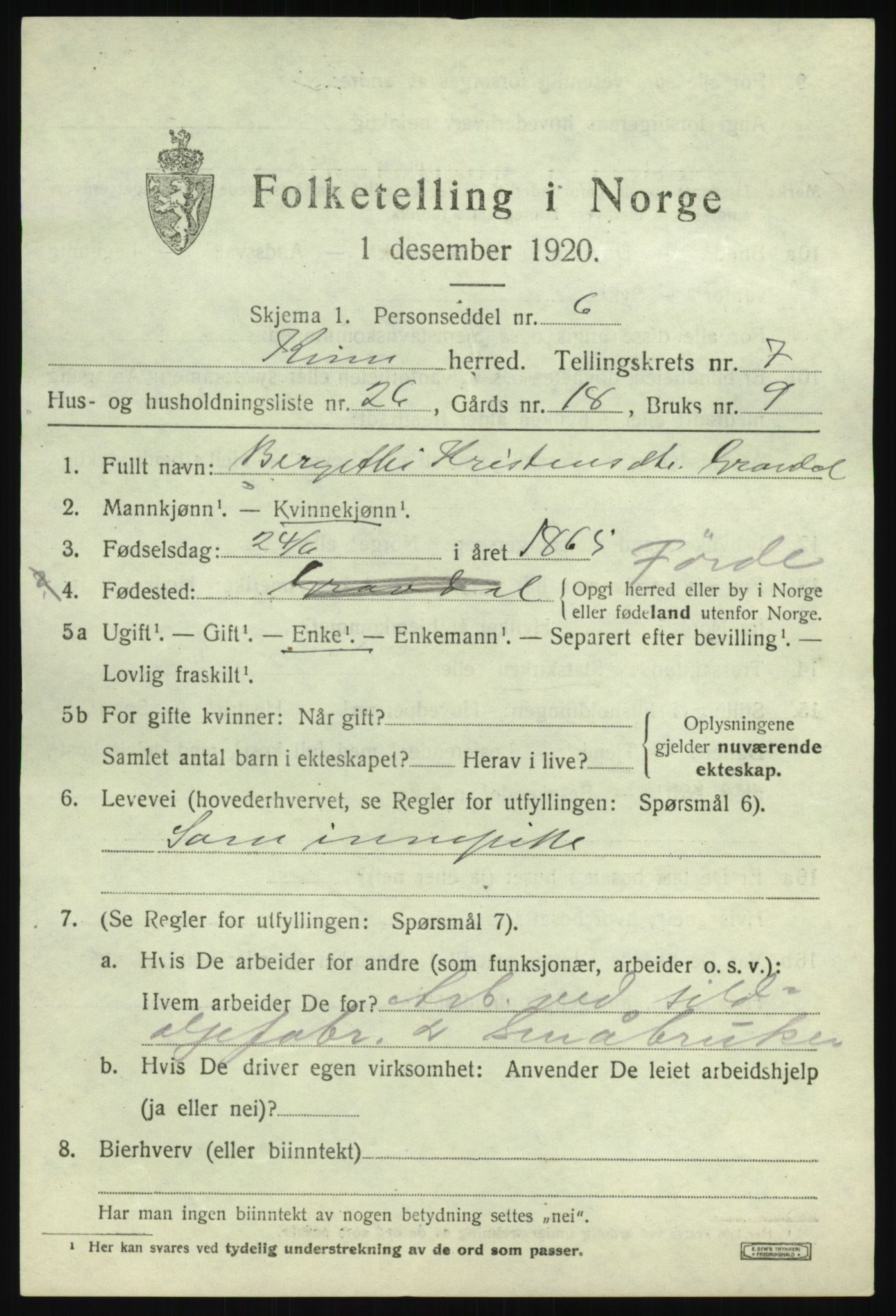 SAB, 1920 census for Kinn, 1920, p. 3209