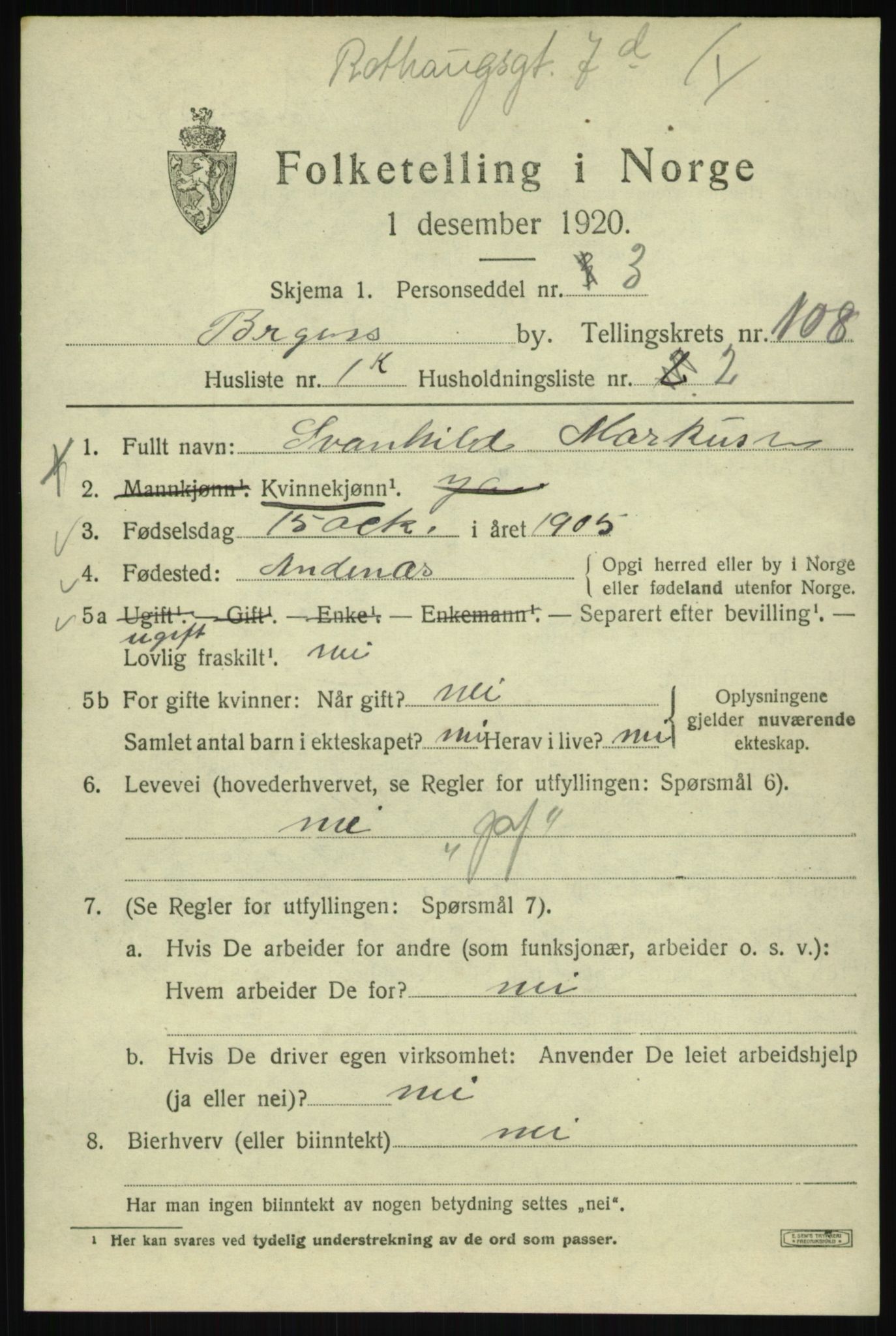 SAB, 1920 census for Bergen, 1920, p. 187130