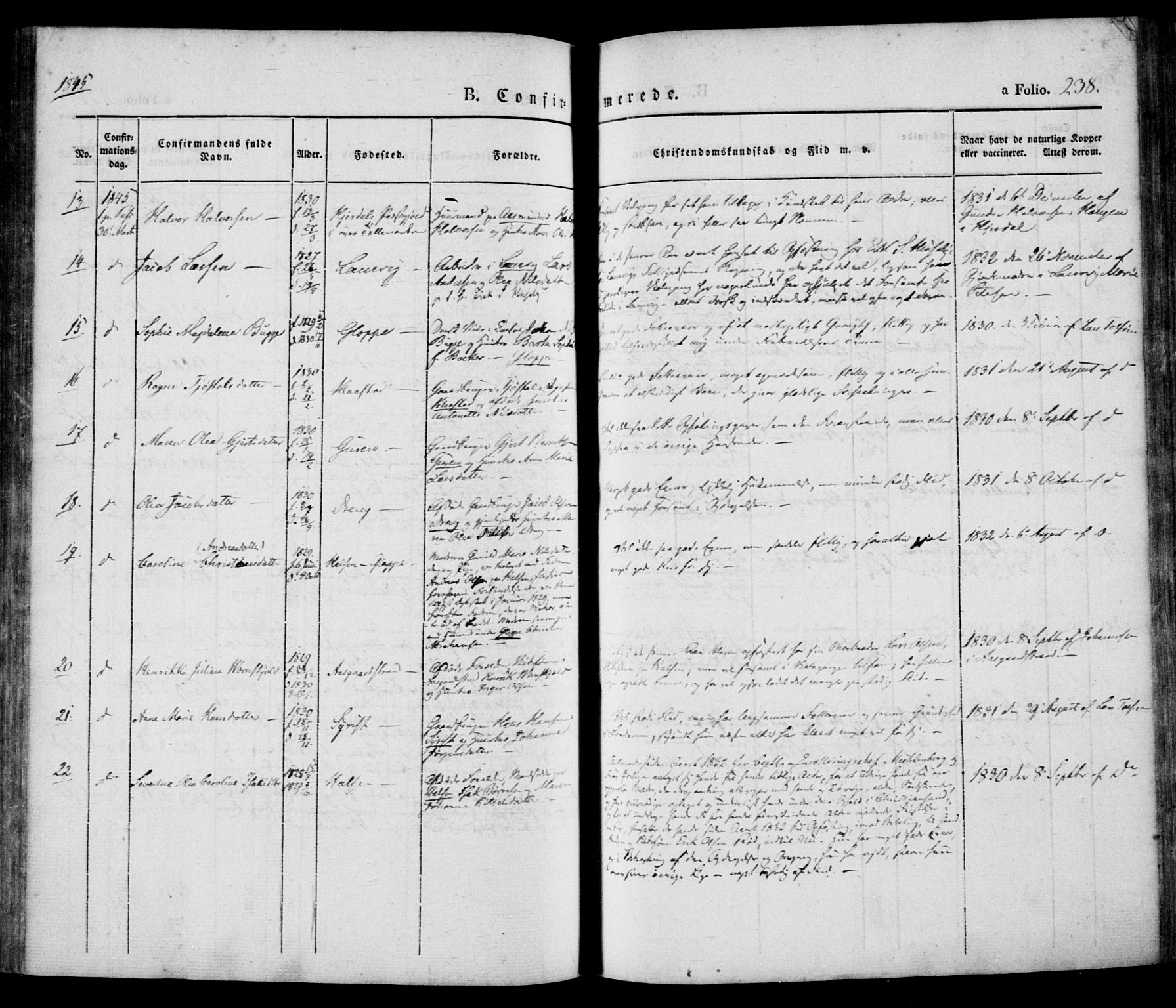 Tjølling kirkebøker, AV/SAKO-A-60/F/Fa/L0006: Parish register (official) no. 6, 1835-1859, p. 238