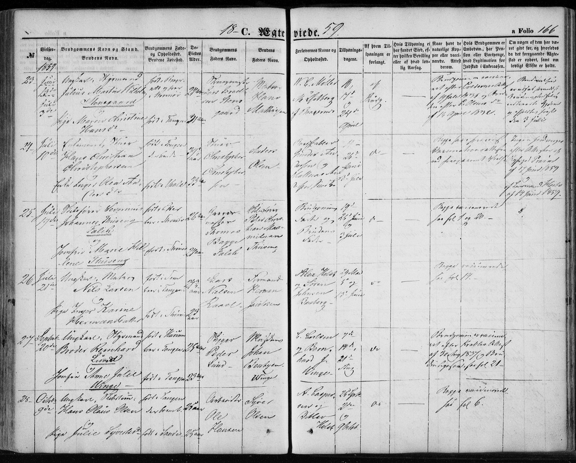 Strømsø kirkebøker, AV/SAKO-A-246/F/Fa/L0017: Parish register (official) no. I 17, 1848-1865, p. 166