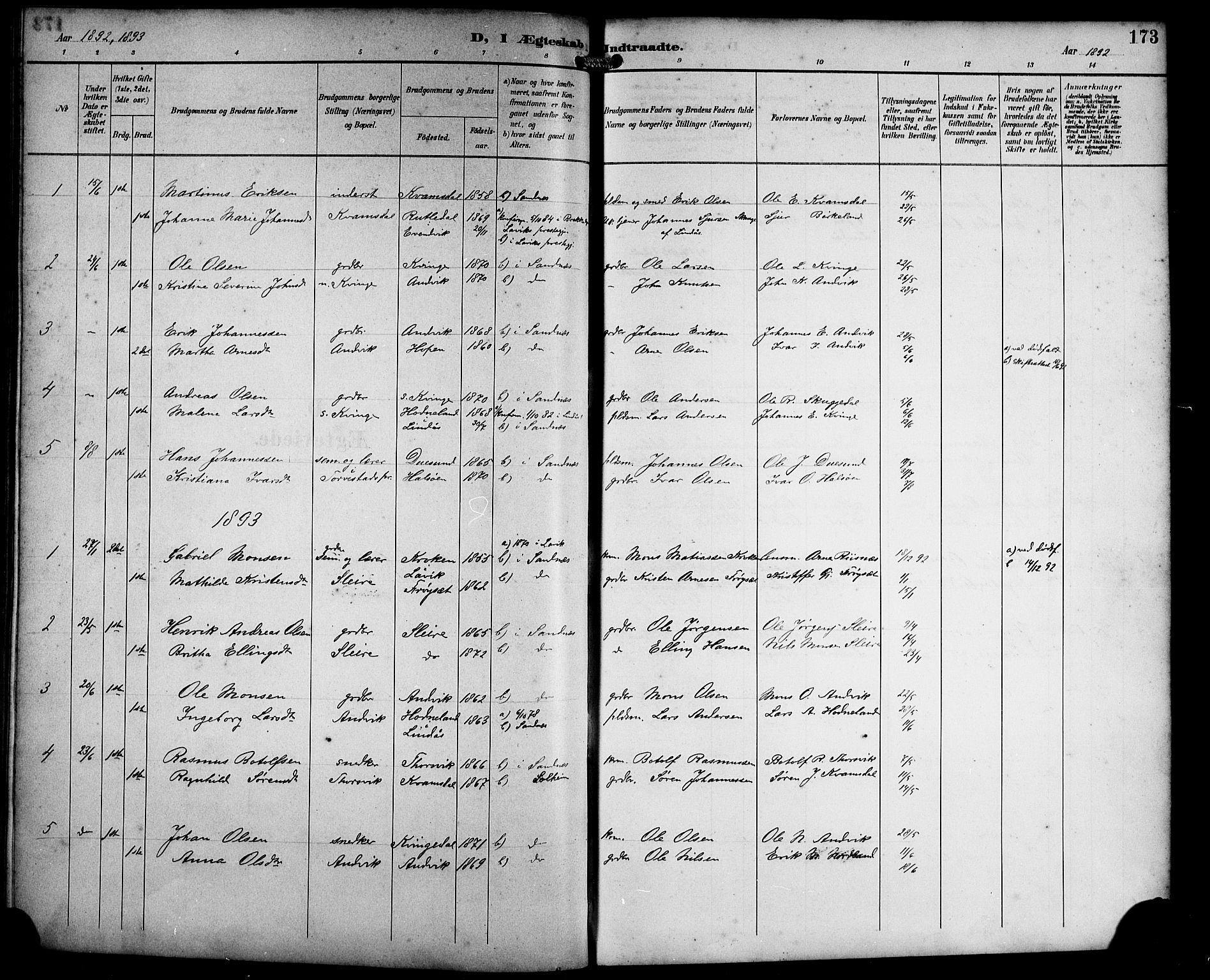 Masfjorden Sokneprestembete, SAB/A-77001: Parish register (copy) no. B 1, 1892-1913, p. 173