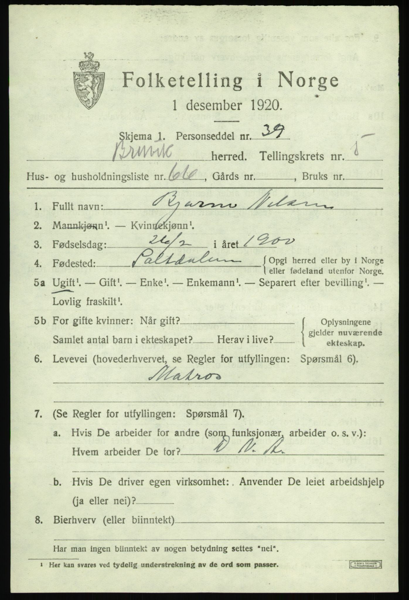 SAB, 1920 census for Bruvik, 1920, p. 3876