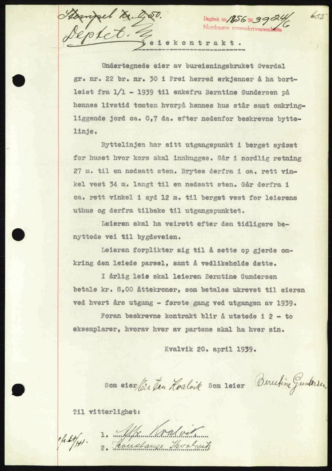 Nordmøre sorenskriveri, AV/SAT-A-4132/1/2/2Ca: Mortgage book no. B85, 1939-1939, Diary no: : 1856/1939