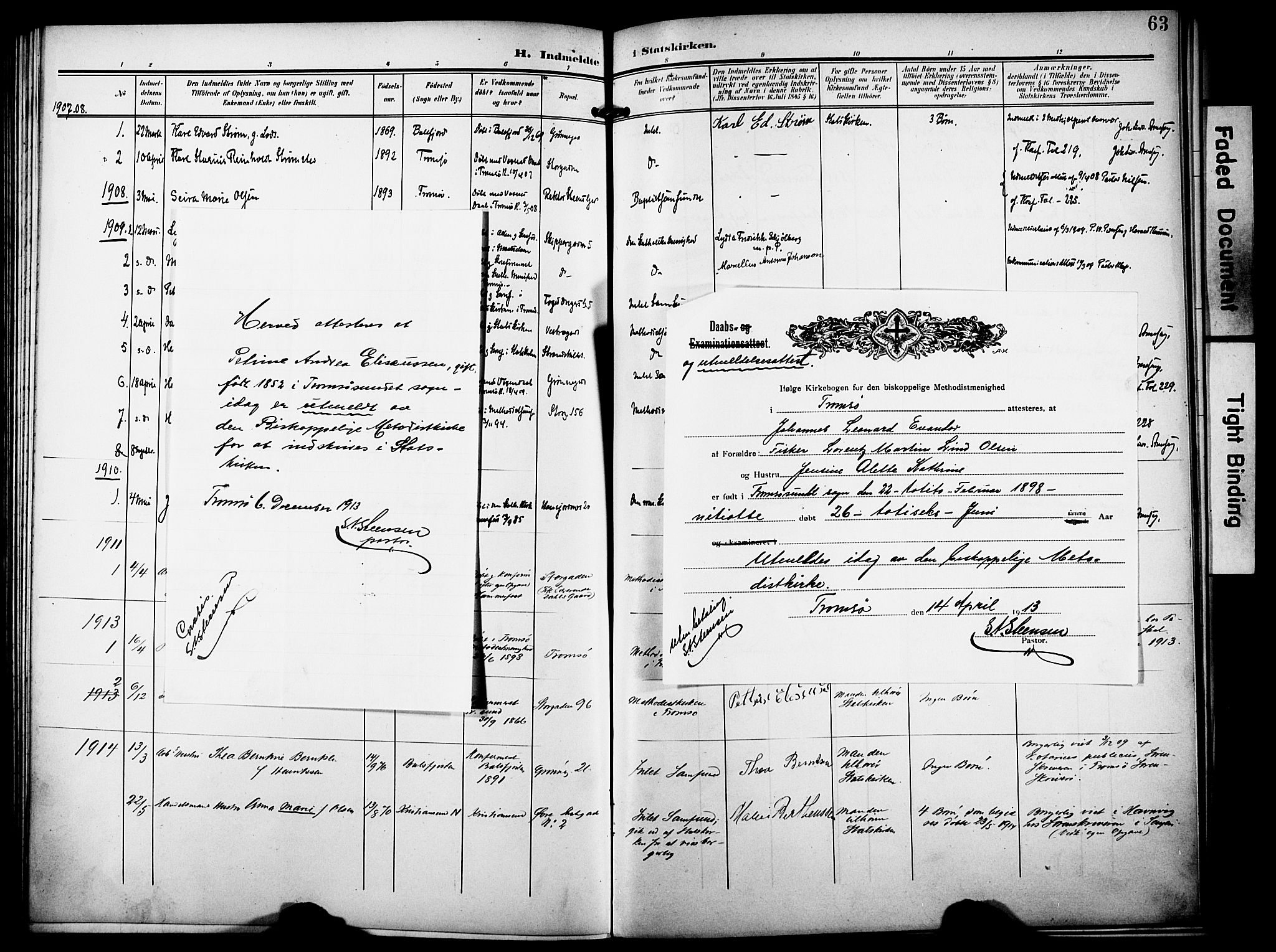 Tromsø sokneprestkontor/stiftsprosti/domprosti, AV/SATØ-S-1343/G/Ge/L0068: Dissenter register no. 68, 1907-1917, p. 63