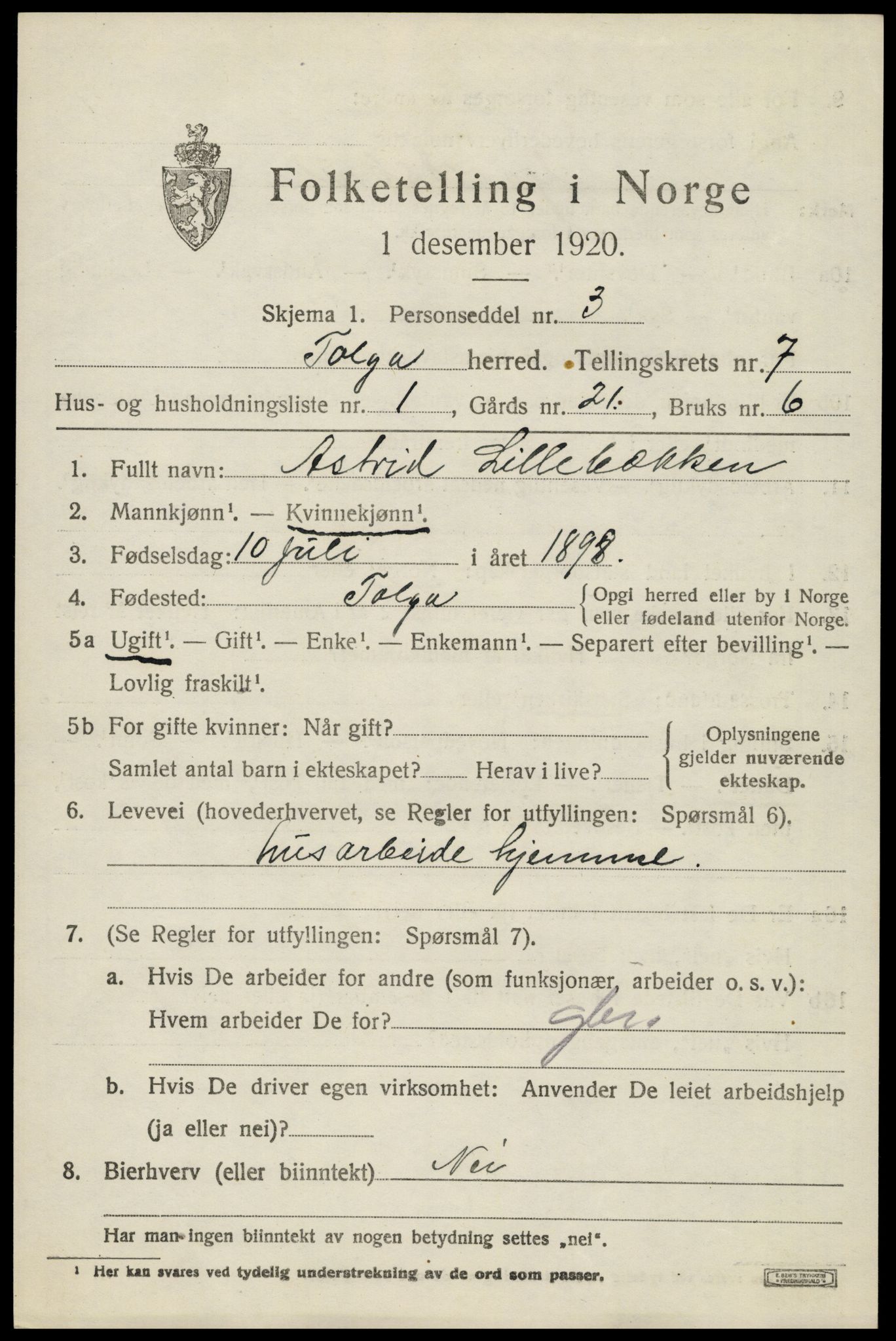 SAH, 1920 census for Tolga, 1920, p. 3919