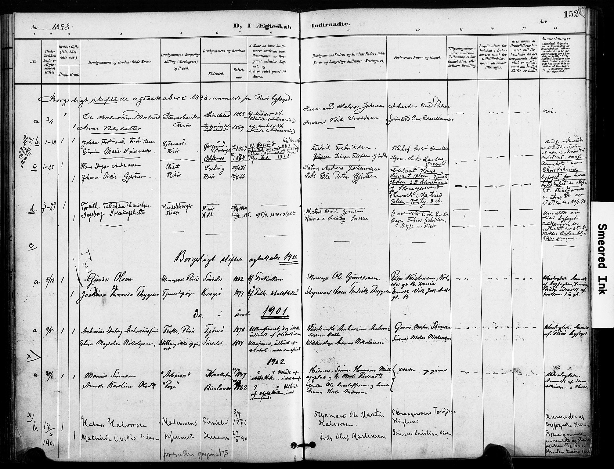 Risør sokneprestkontor, SAK/1111-0035/F/Fa/L0010: Parish register (official) no. A 10, 1896-1906, p. 152
