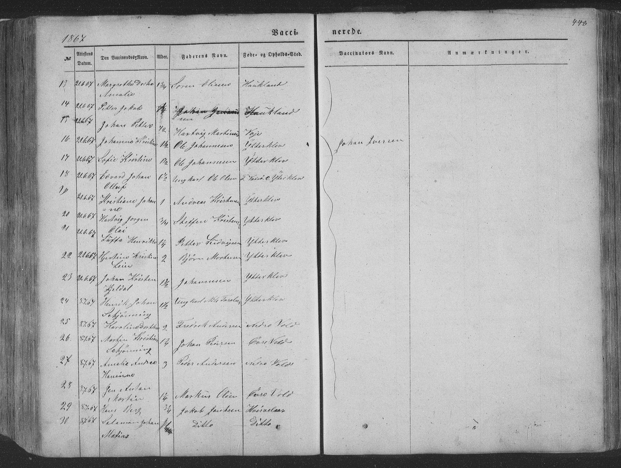 Ministerialprotokoller, klokkerbøker og fødselsregistre - Nordland, AV/SAT-A-1459/881/L1165: Parish register (copy) no. 881C02, 1854-1876, p. 448