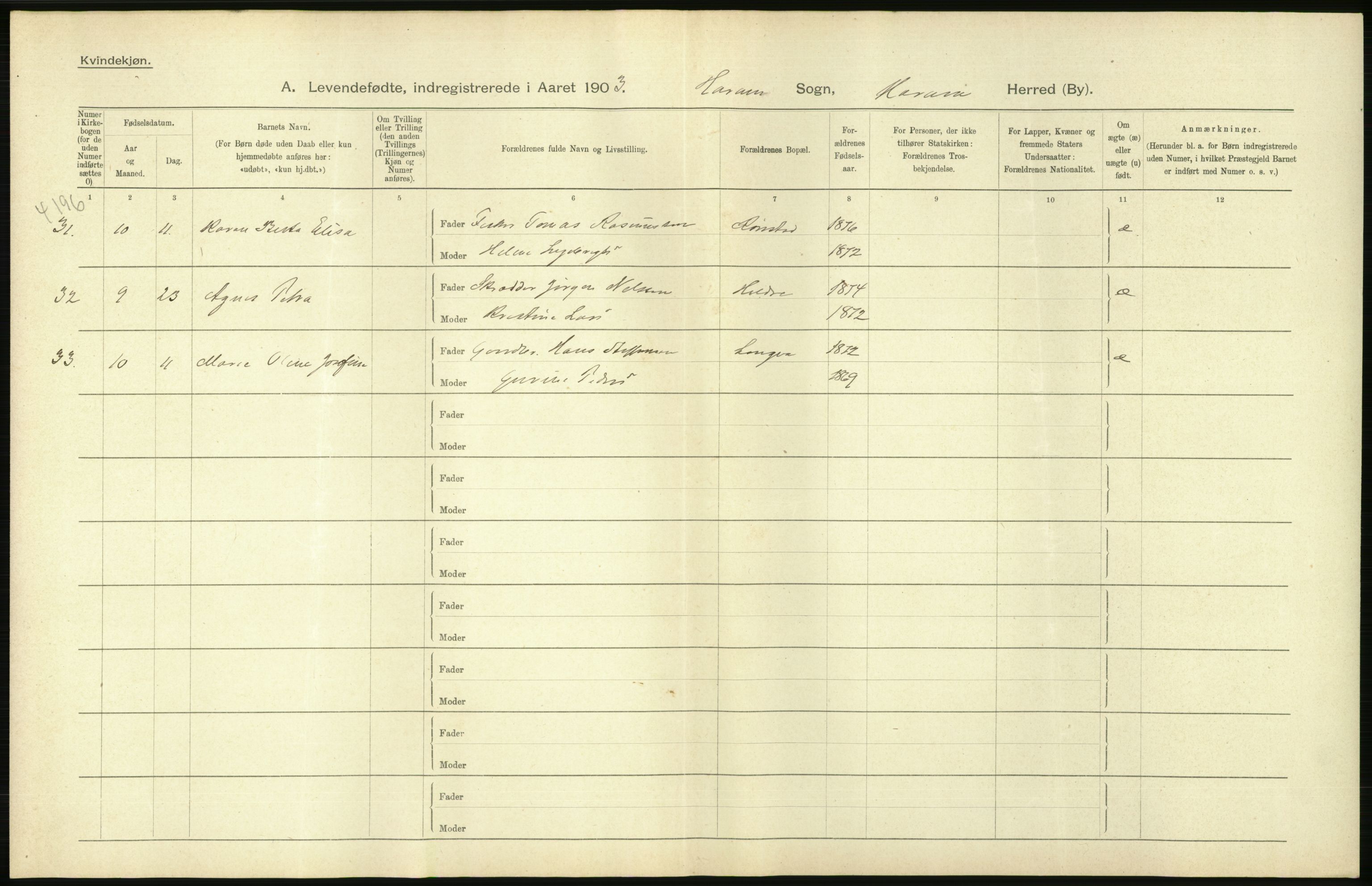 Statistisk sentralbyrå, Sosiodemografiske emner, Befolkning, AV/RA-S-2228/D/Df/Dfa/Dfaa/L0016: Romsdal amt: Fødte, gifte, døde., 1903, p. 26