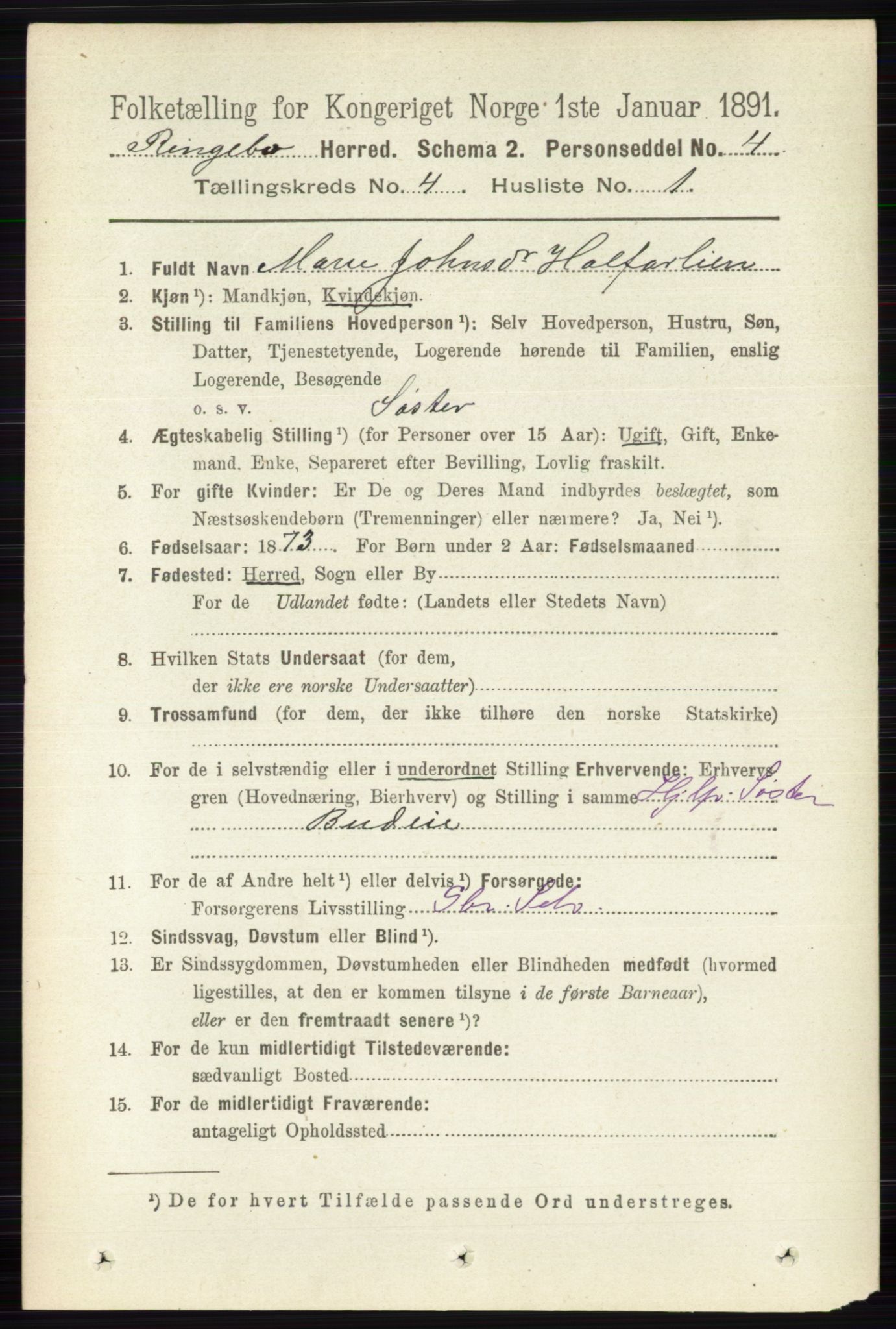 RA, 1891 census for 0520 Ringebu, 1891, p. 1368