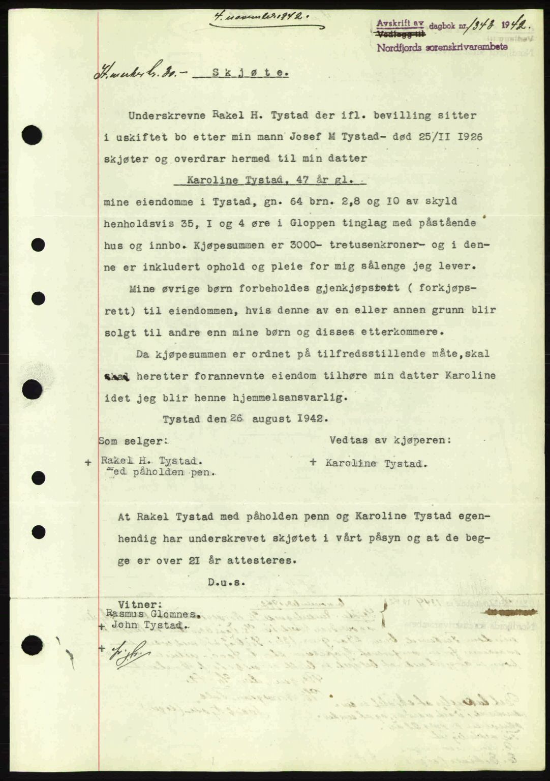 Nordfjord sorenskriveri, AV/SAB-A-2801/02/02b/02bj/L0007: Mortgage book no. A7, 1941-1943, Diary no: : 1343/1942