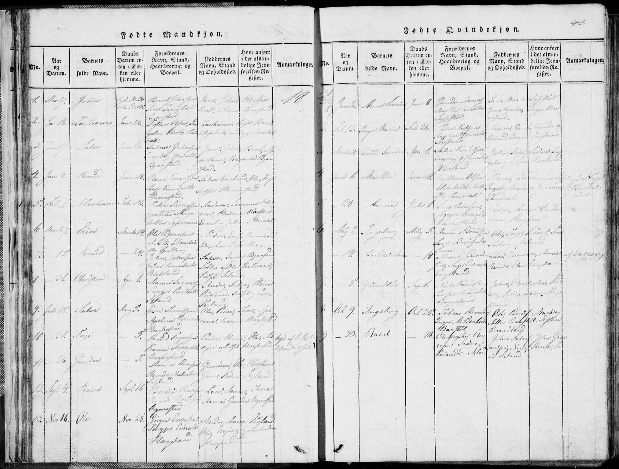 Nord-Audnedal sokneprestkontor, AV/SAK-1111-0032/F/Fb/Fbb/L0001: Parish register (copy) no. B 1, 1816-1858, p. 46