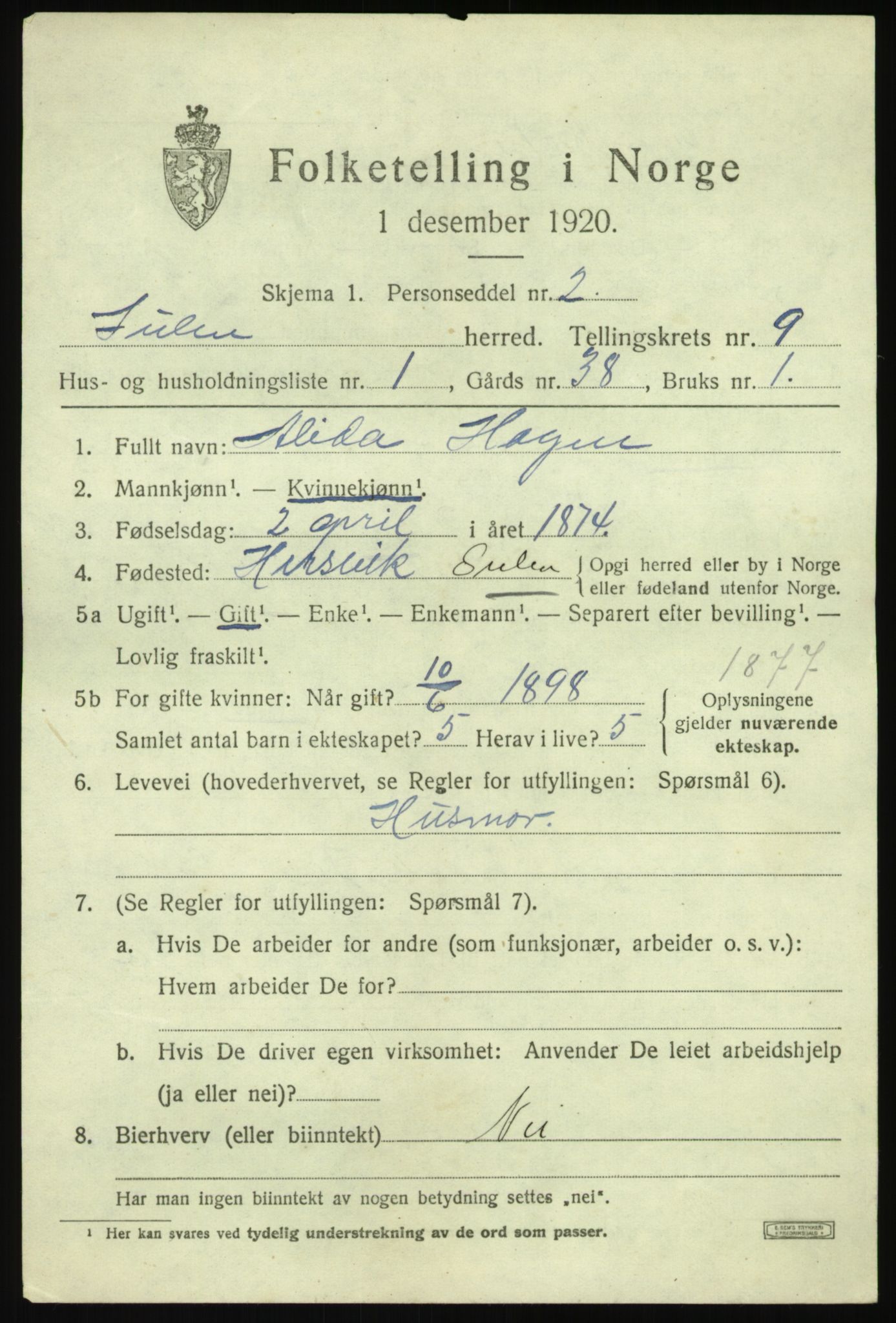 SAB, 1920 census for Solund, 1920, p. 3246