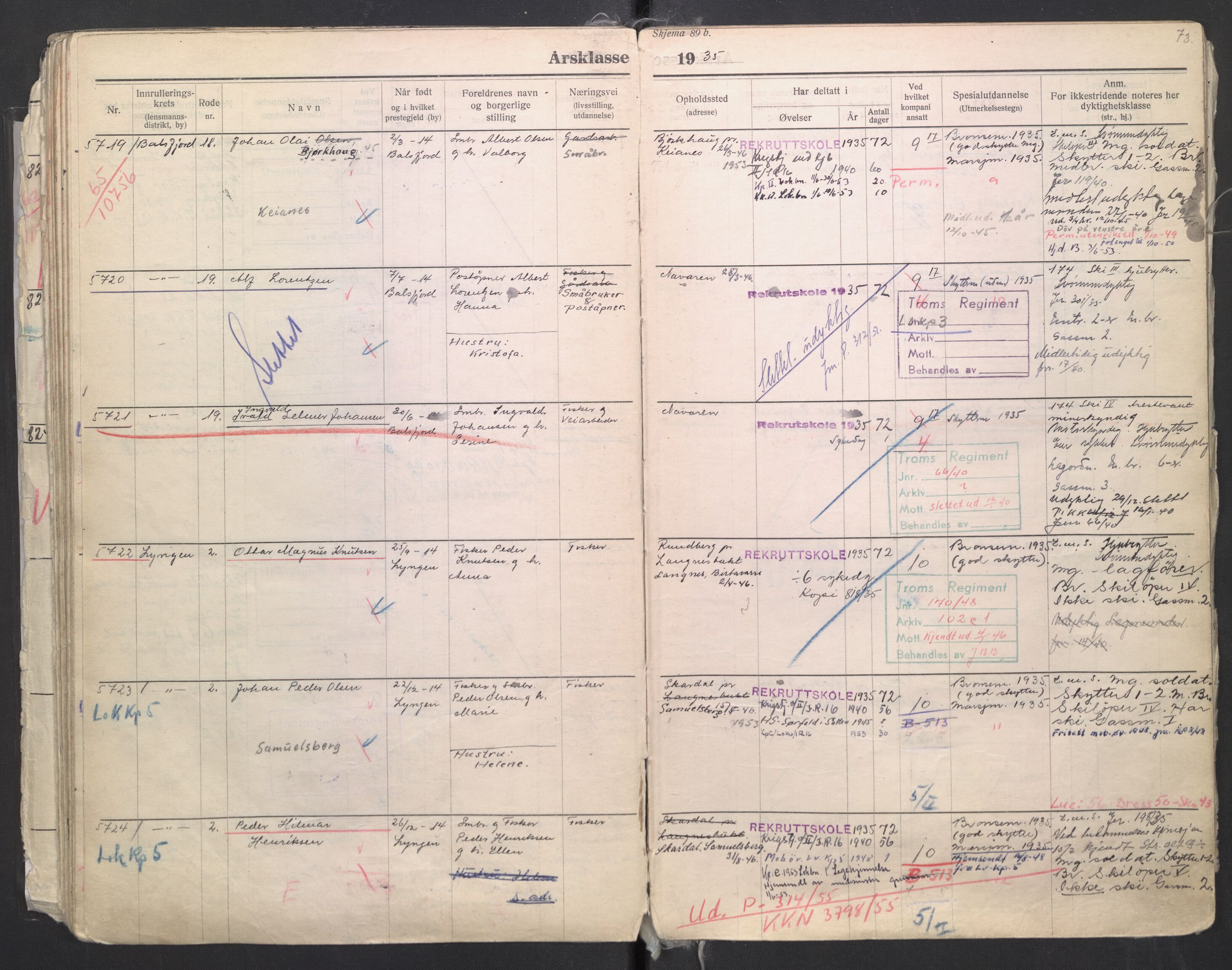 Forsvaret, Troms infanteriregiment nr. 16, AV/RA-RAFA-3146/P/Pa/L0006/0008: Ruller / Rulle for regimentets menige mannskaper, årsklasse 1935, 1935, p. 73