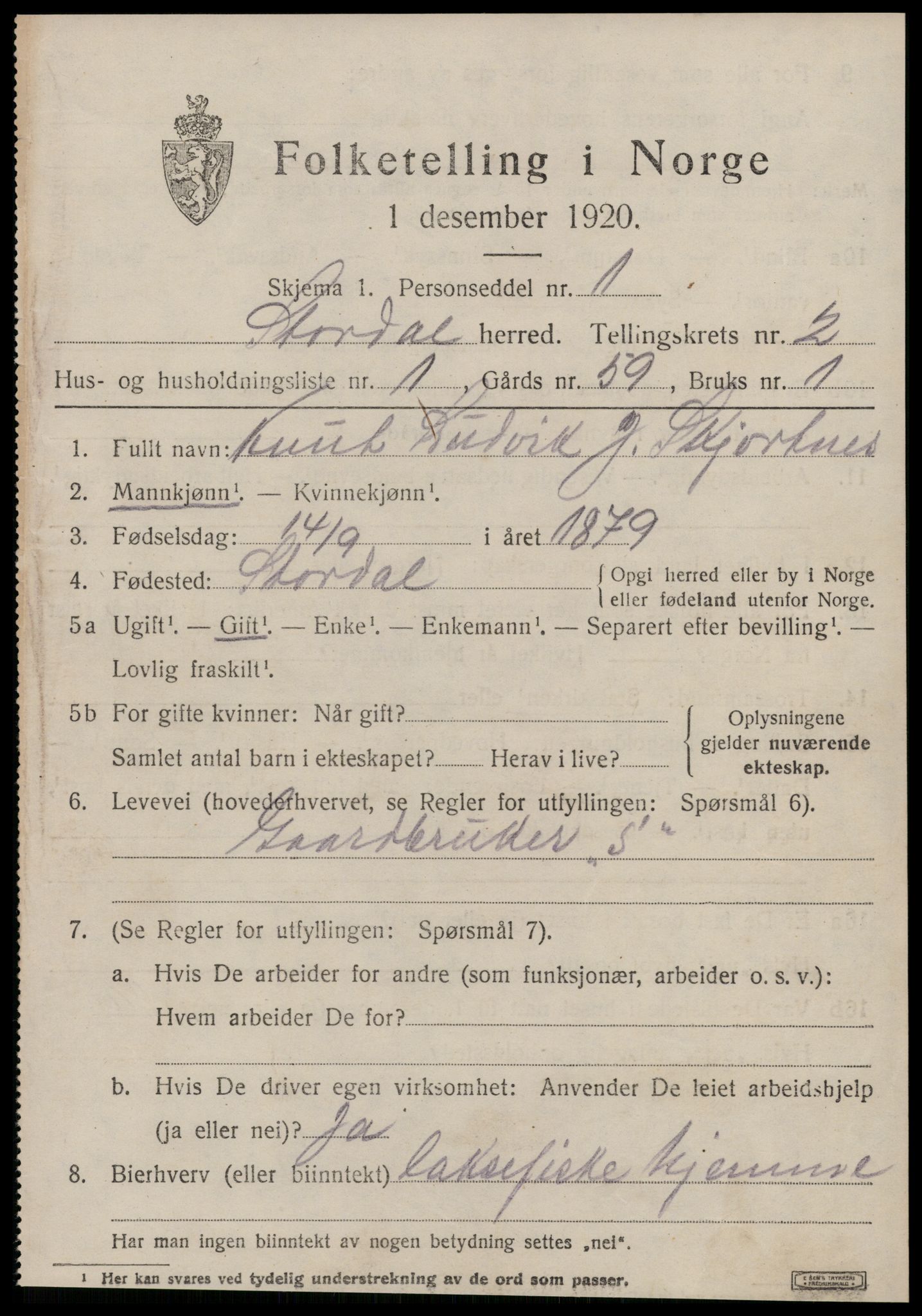 SAT, 1920 census for Stordal, 1920, p. 662