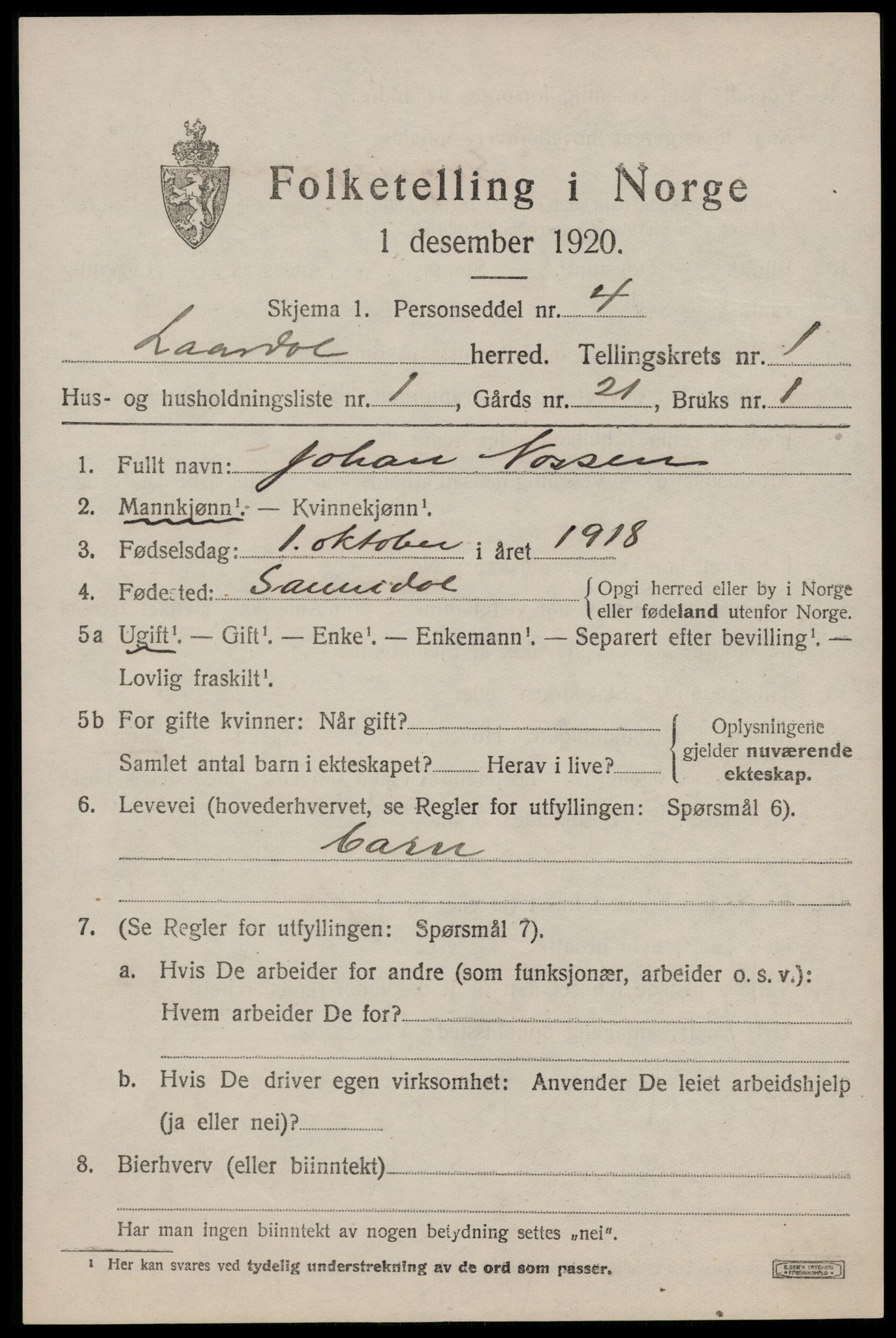 SAKO, 1920 census for Lårdal, 1920, p. 621