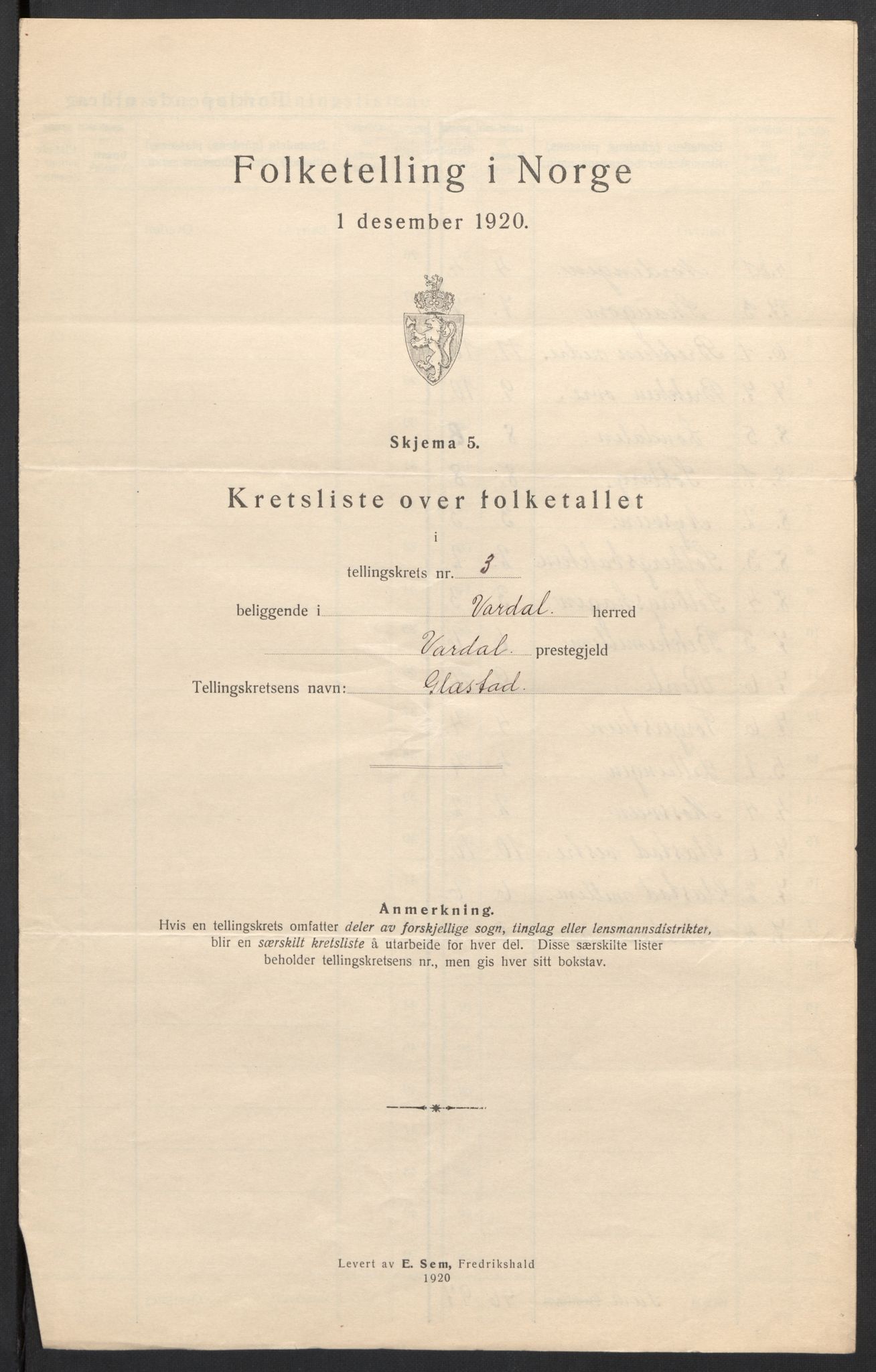 SAH, 1920 census for Vardal, 1920, p. 15