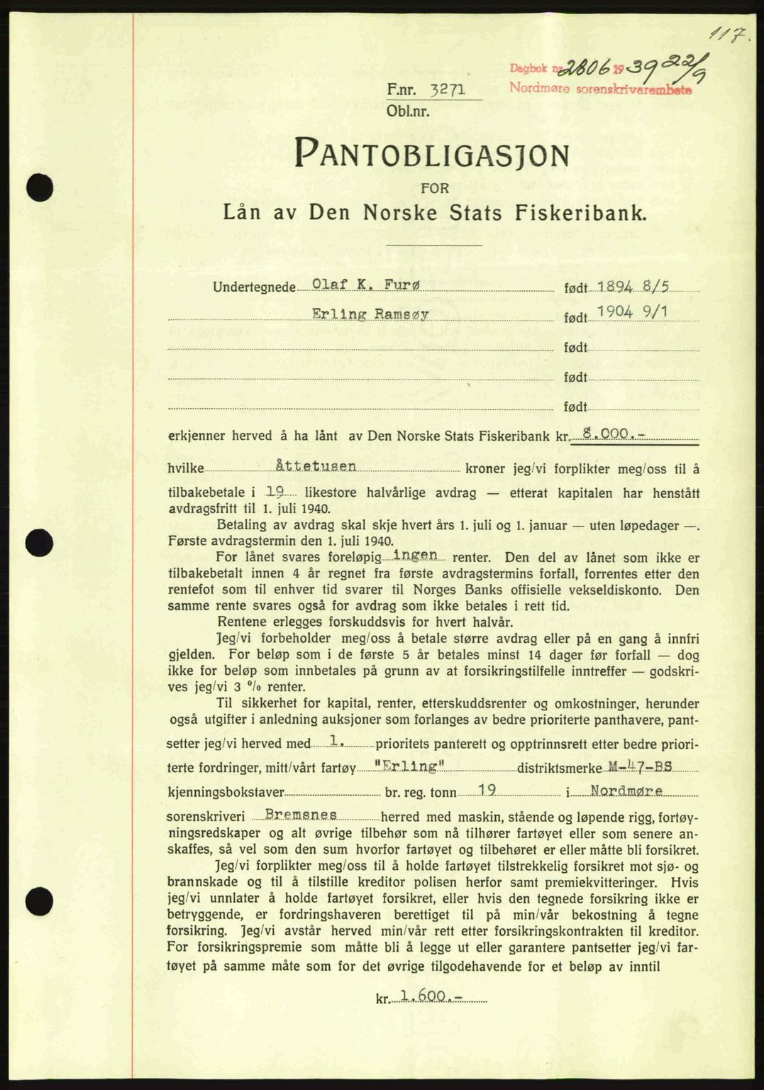 Nordmøre sorenskriveri, AV/SAT-A-4132/1/2/2Ca: Mortgage book no. B86, 1939-1940, Diary no: : 2806/1939