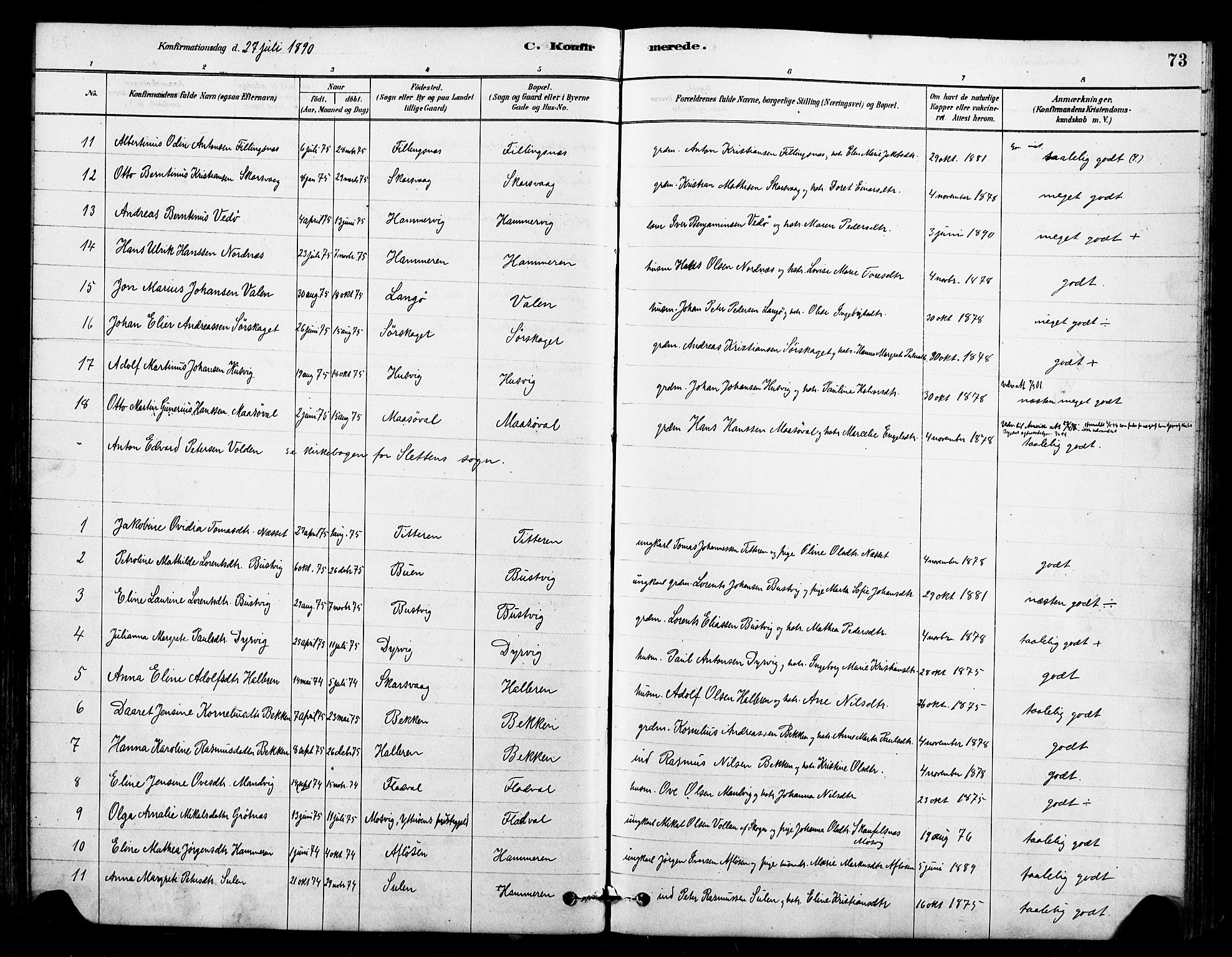 Ministerialprotokoller, klokkerbøker og fødselsregistre - Sør-Trøndelag, AV/SAT-A-1456/641/L0595: Parish register (official) no. 641A01, 1882-1897, p. 73