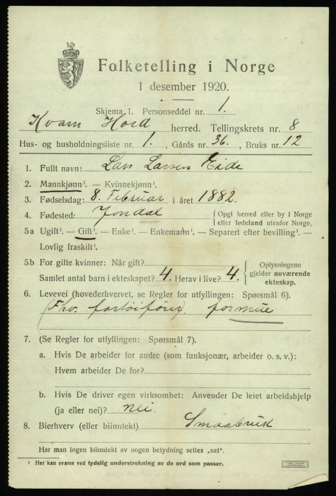 SAB, 1920 census for Kvam, 1920, p. 5163