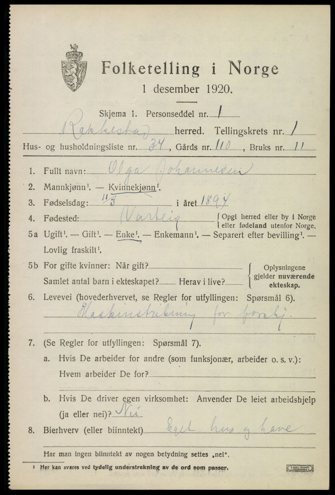 SAO, 1920 census for Rakkestad, 1920, p. 2051