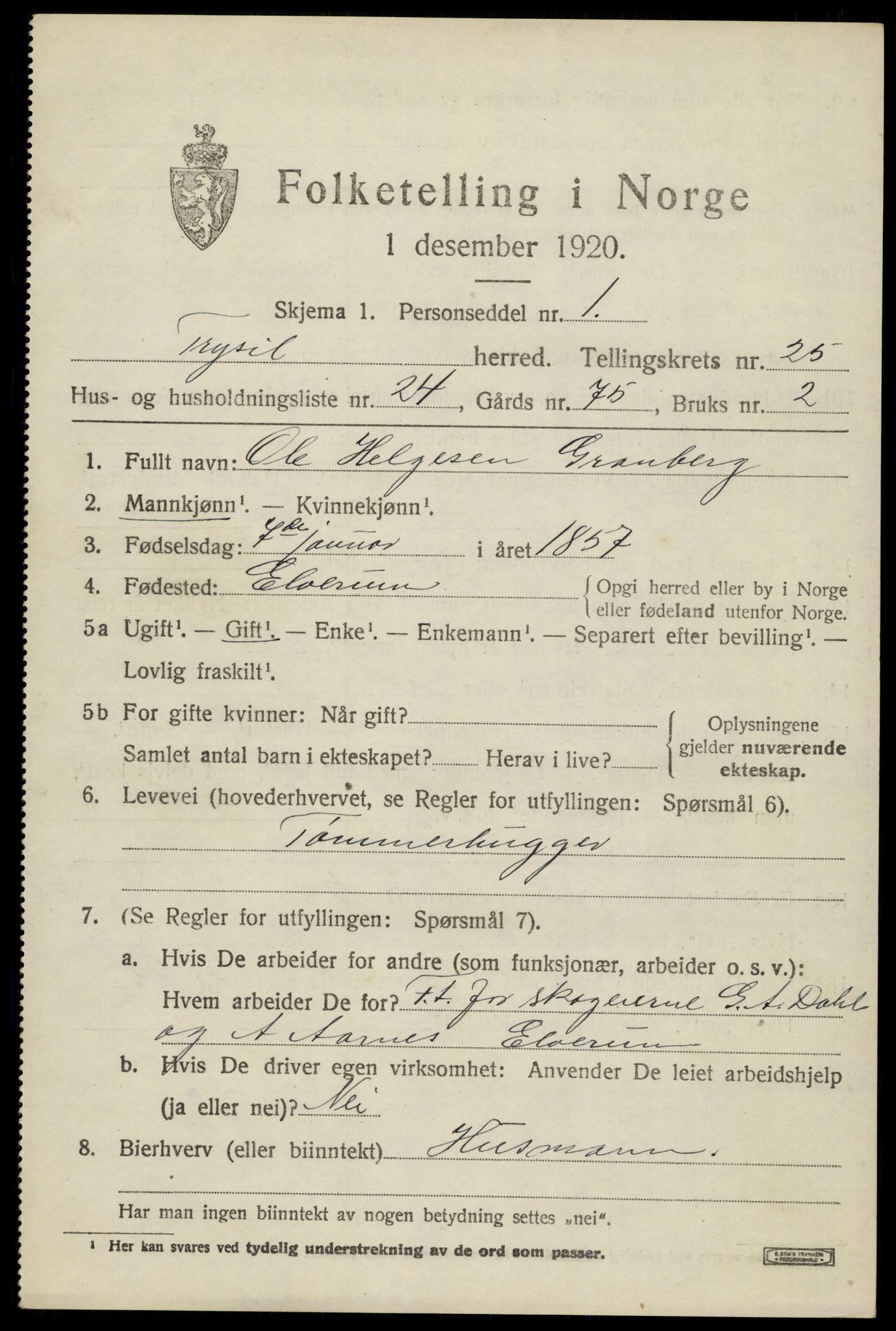 SAH, 1920 census for Trysil, 1920, p. 15969