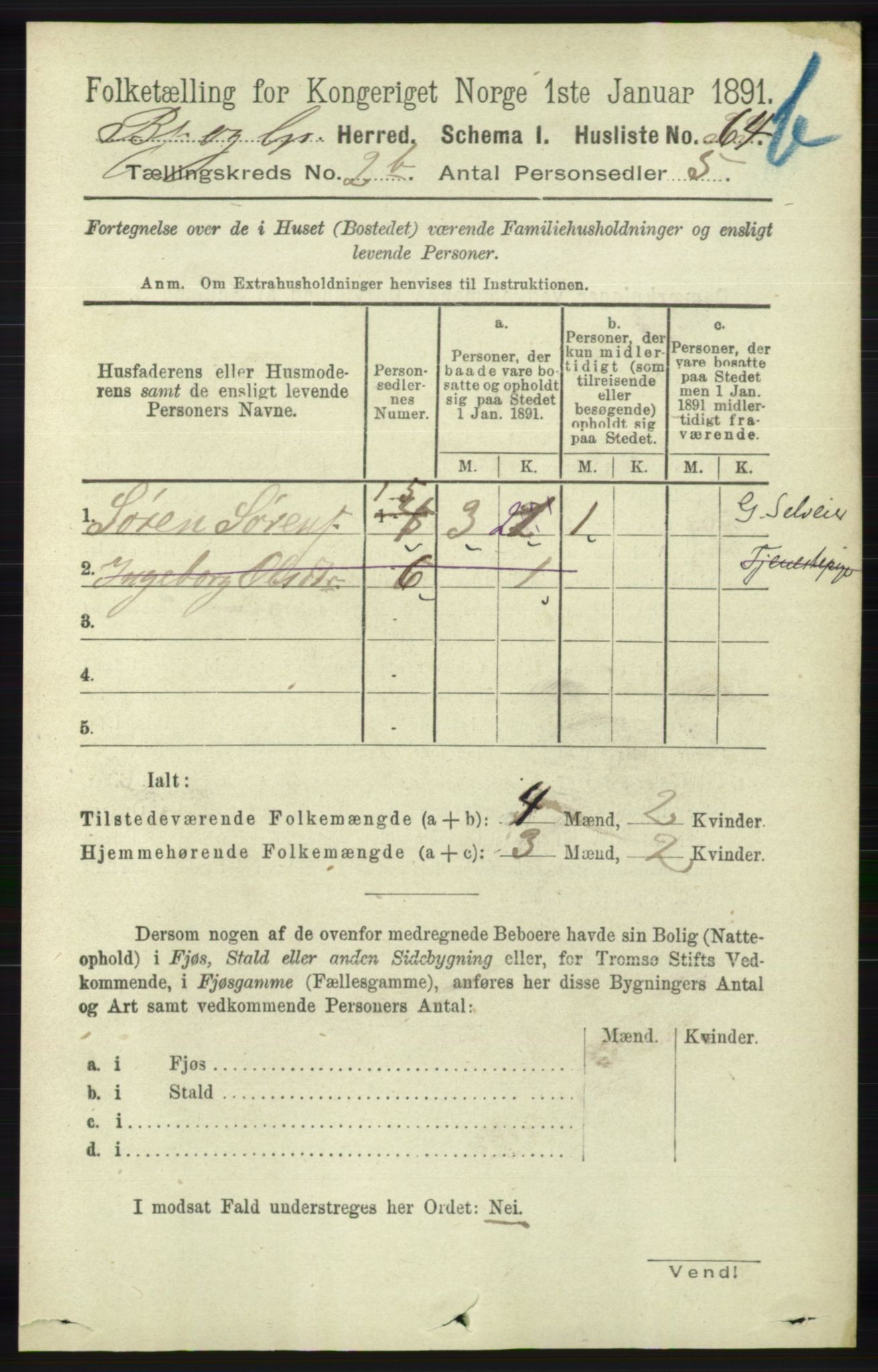 RA, 1891 census for 1024 Bjelland og Grindheim, 1891, p. 307