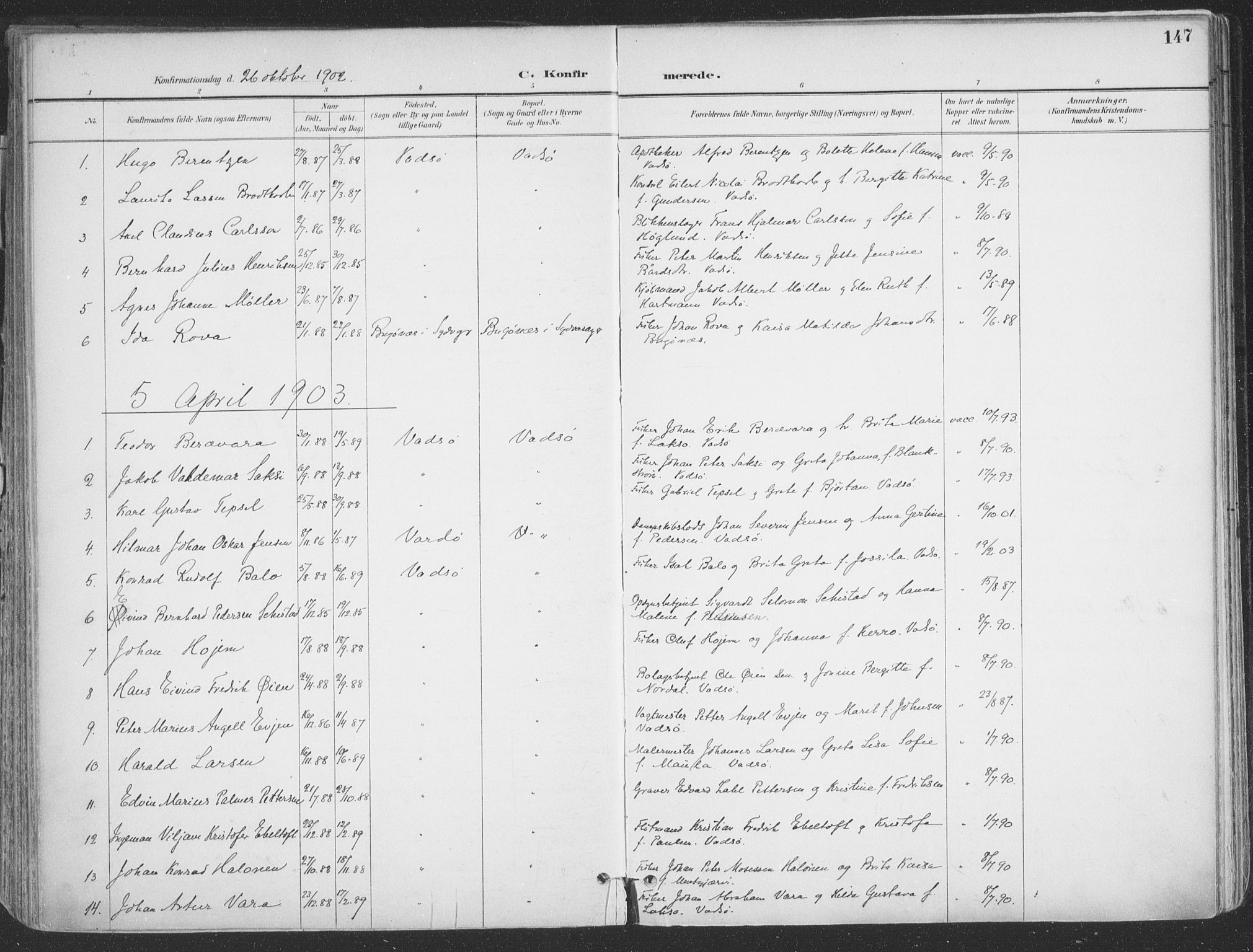 Vadsø sokneprestkontor, SATØ/S-1325/H/Ha/L0007kirke: Parish register (official) no. 7, 1896-1916, p. 147