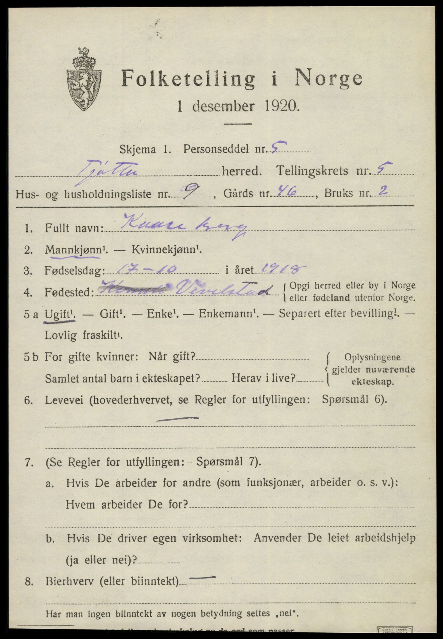 SAT, 1920 census for Tjøtta, 1920, p. 2103