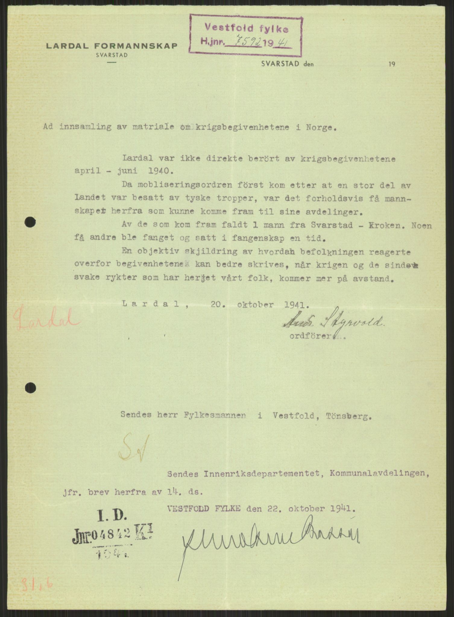 Forsvaret, Forsvarets krigshistoriske avdeling, AV/RA-RAFA-2017/Y/Ya/L0014: II-C-11-31 - Fylkesmenn.  Rapporter om krigsbegivenhetene 1940., 1940, p. 570