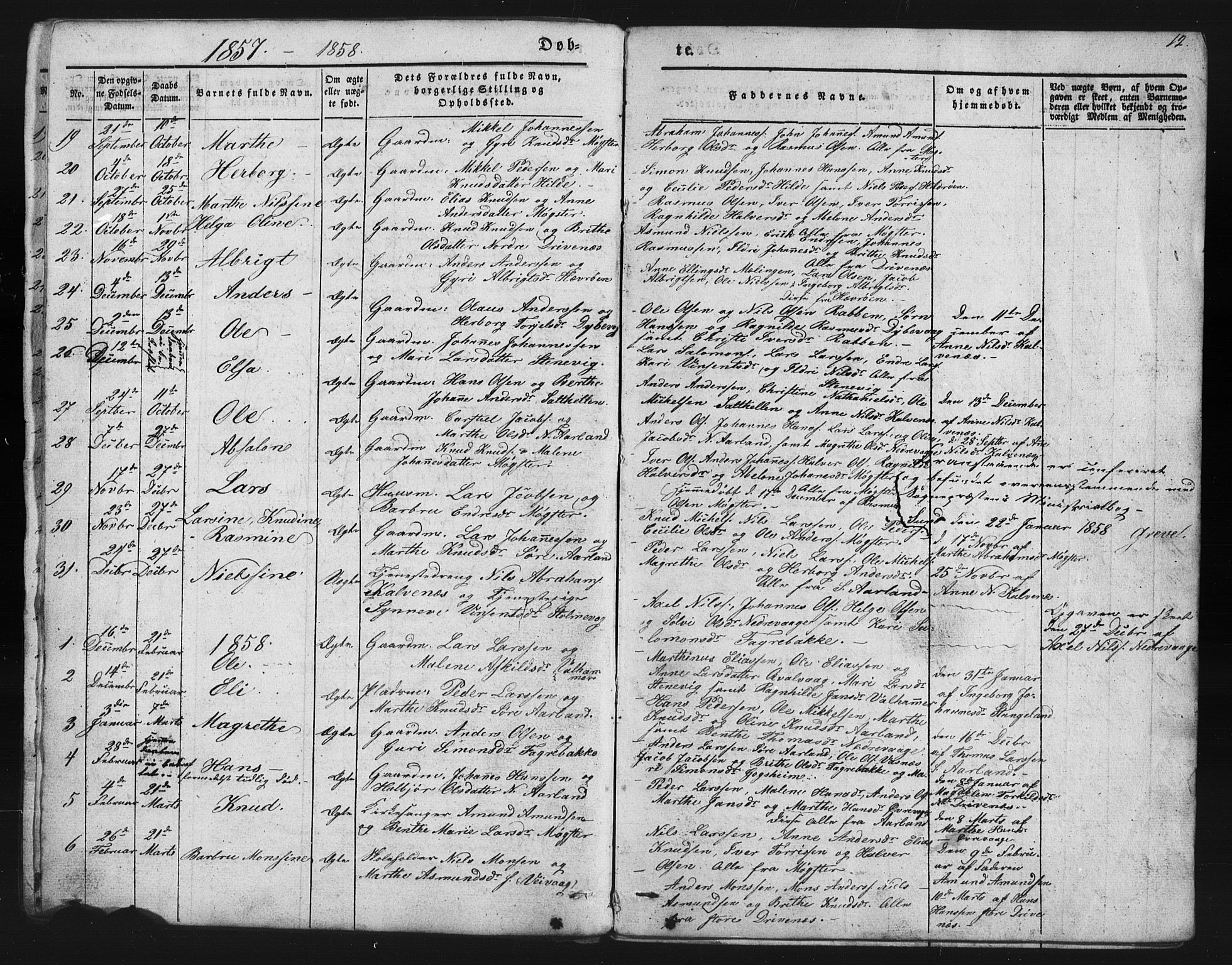 Austevoll Sokneprestembete, SAB/A-74201/H/Hab: Parish register (copy) no. B 1, 1852-1864, p. 12