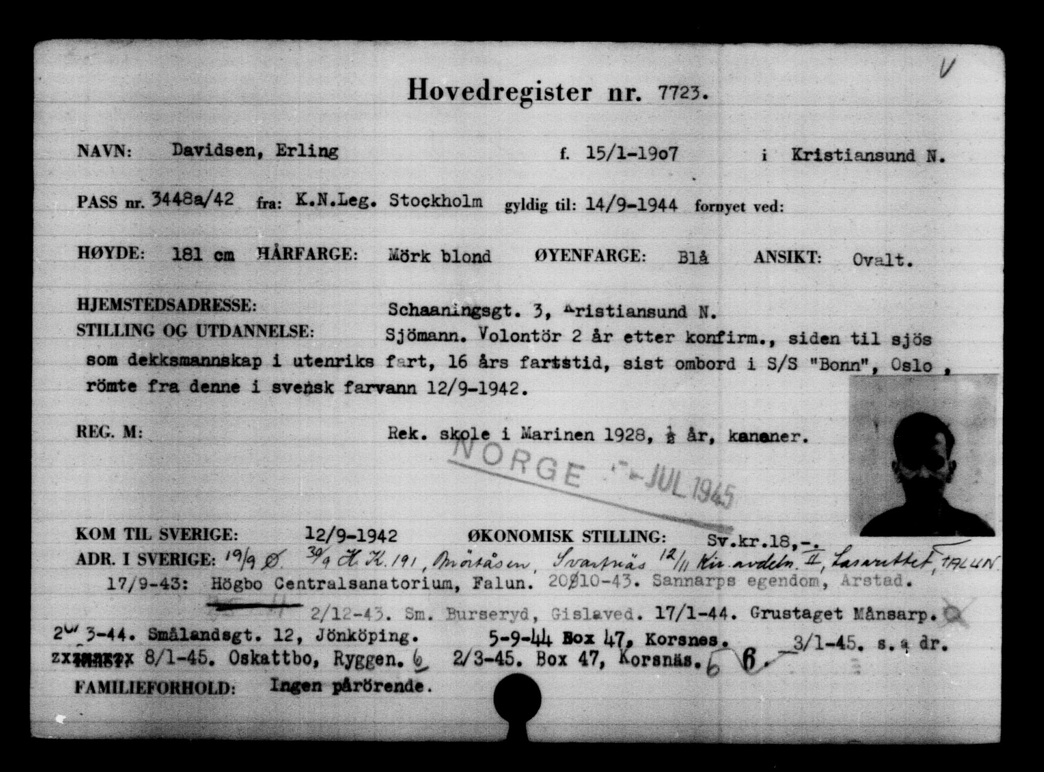 Utenriksstasjonene, Legasjonen i Stockholm, Flyktningkontoret, AV/RA-S-6753/V/Va/L0005: Kjesäterkartoteket, flyktninger med registreringsnr. 6600-9417, 1940-1945, p. 1314