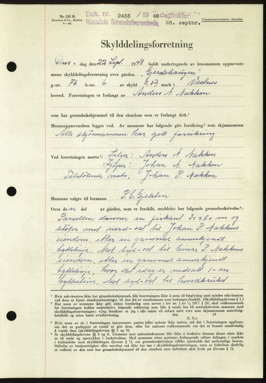 Romsdal sorenskriveri, AV/SAT-A-4149/1/2/2C: Mortgage book no. A27, 1948-1948, Diary no: : 2453/1948