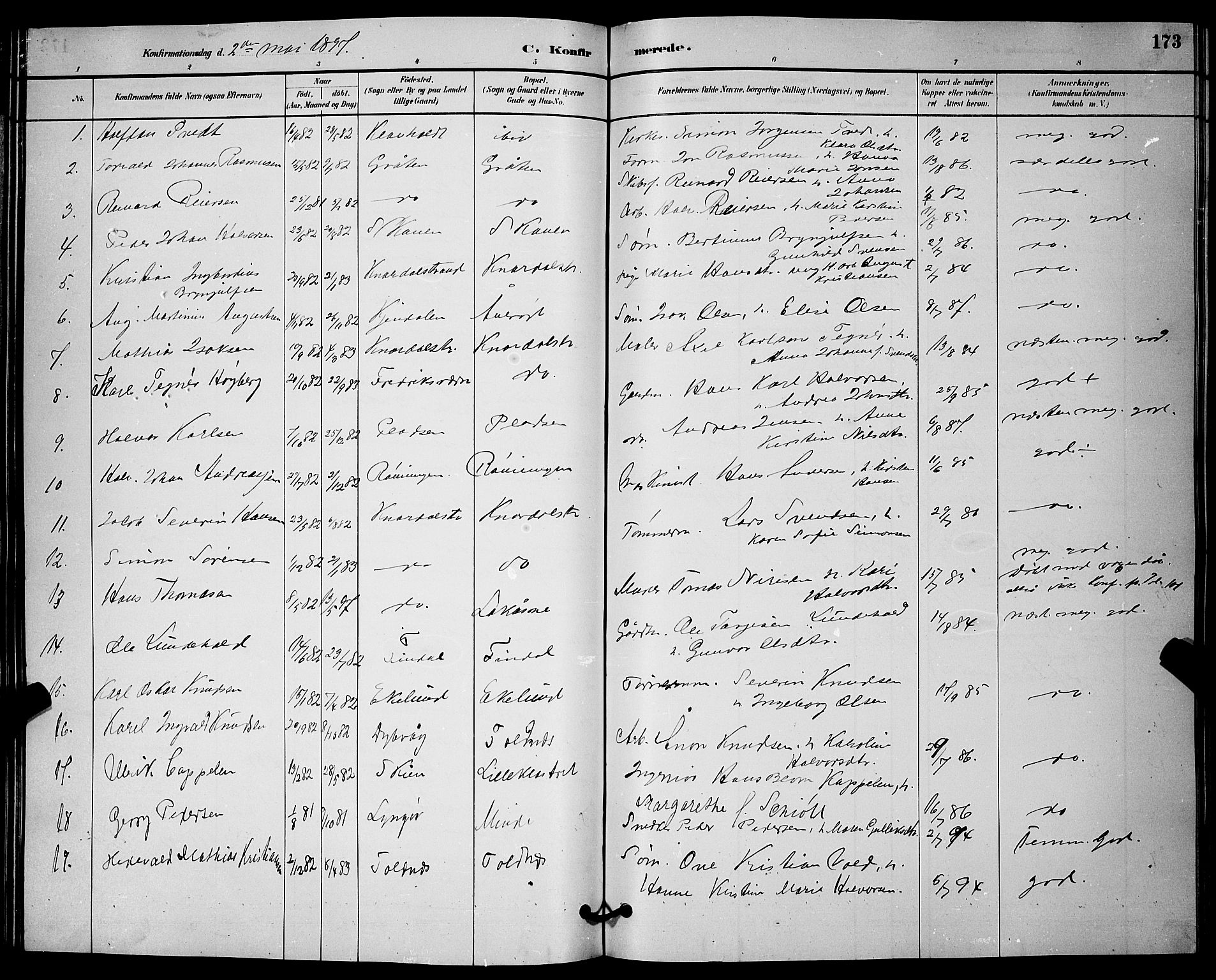 Solum kirkebøker, AV/SAKO-A-306/G/Ga/L0007: Parish register (copy) no. I 7, 1884-1898, p. 173