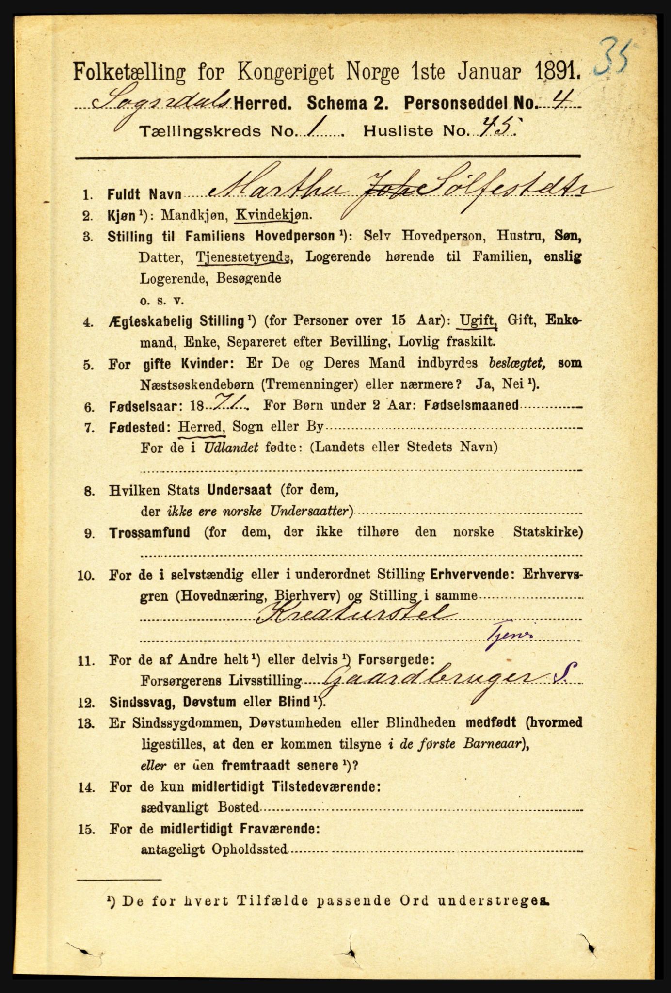 RA, 1891 census for 1420 Sogndal, 1891, p. 331
