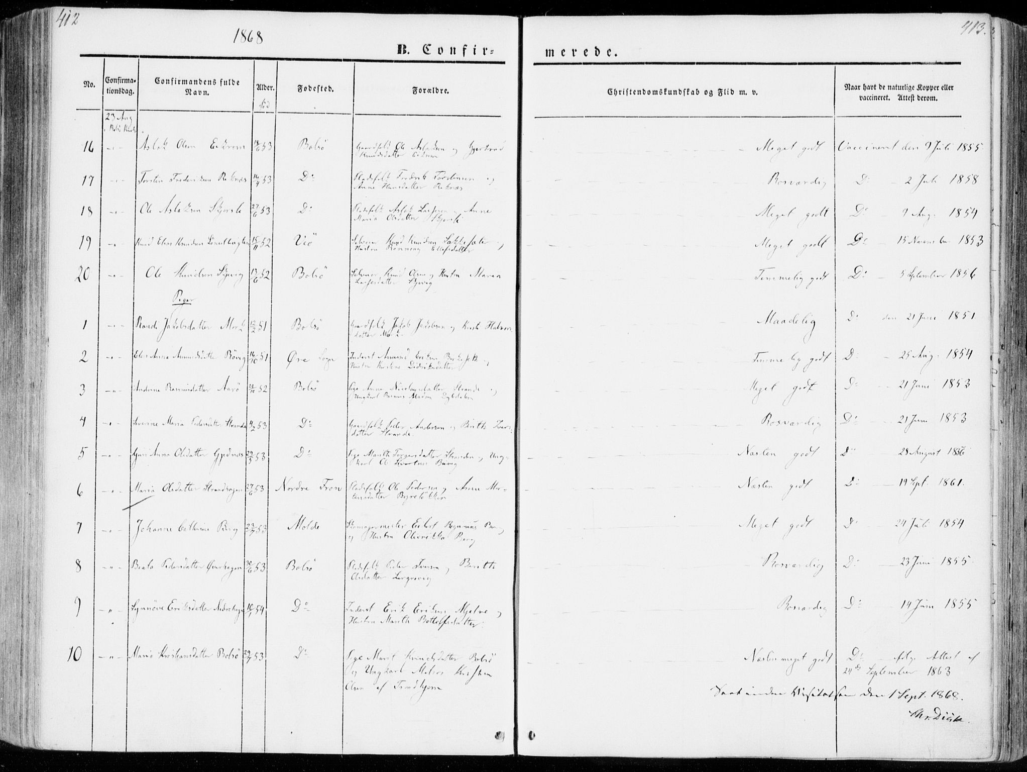 Ministerialprotokoller, klokkerbøker og fødselsregistre - Møre og Romsdal, AV/SAT-A-1454/555/L0653: Parish register (official) no. 555A04, 1843-1869, p. 412-413