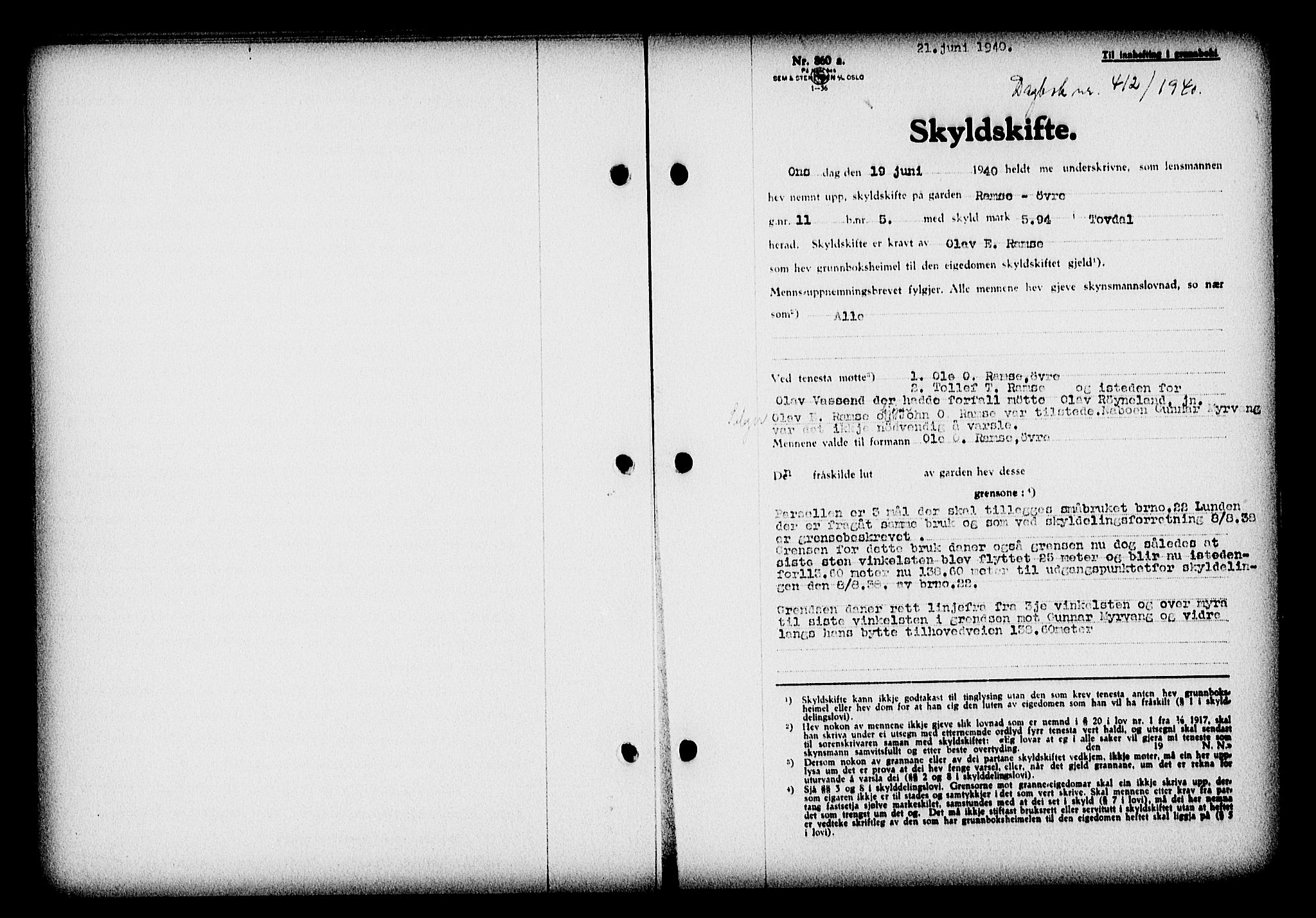 Nedenes sorenskriveri, SAK/1221-0006/G/Gb/Gba/L0047: Mortgage book no. A-I, 1939-1940, Diary no: : 412/1940