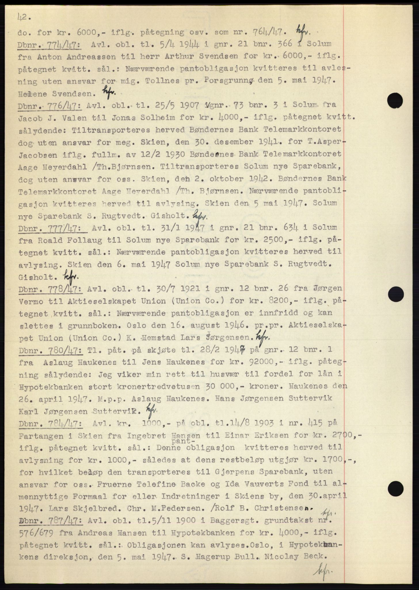 Skien sorenskriveri, AV/SAKO-A-225/G/Ga/Gac/L0001: Mortgage book no. C-1, 1946-1950, Diary no: : 774/1947