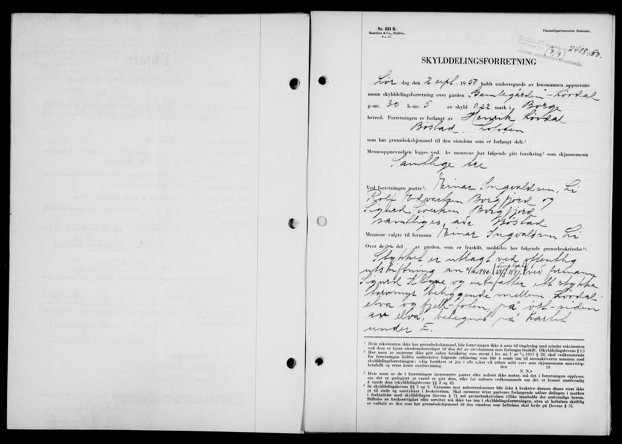 Lofoten sorenskriveri, SAT/A-0017/1/2/2C/L0024a: Mortgage book no. 24a, 1950-1950, Diary no: : 2488/1950