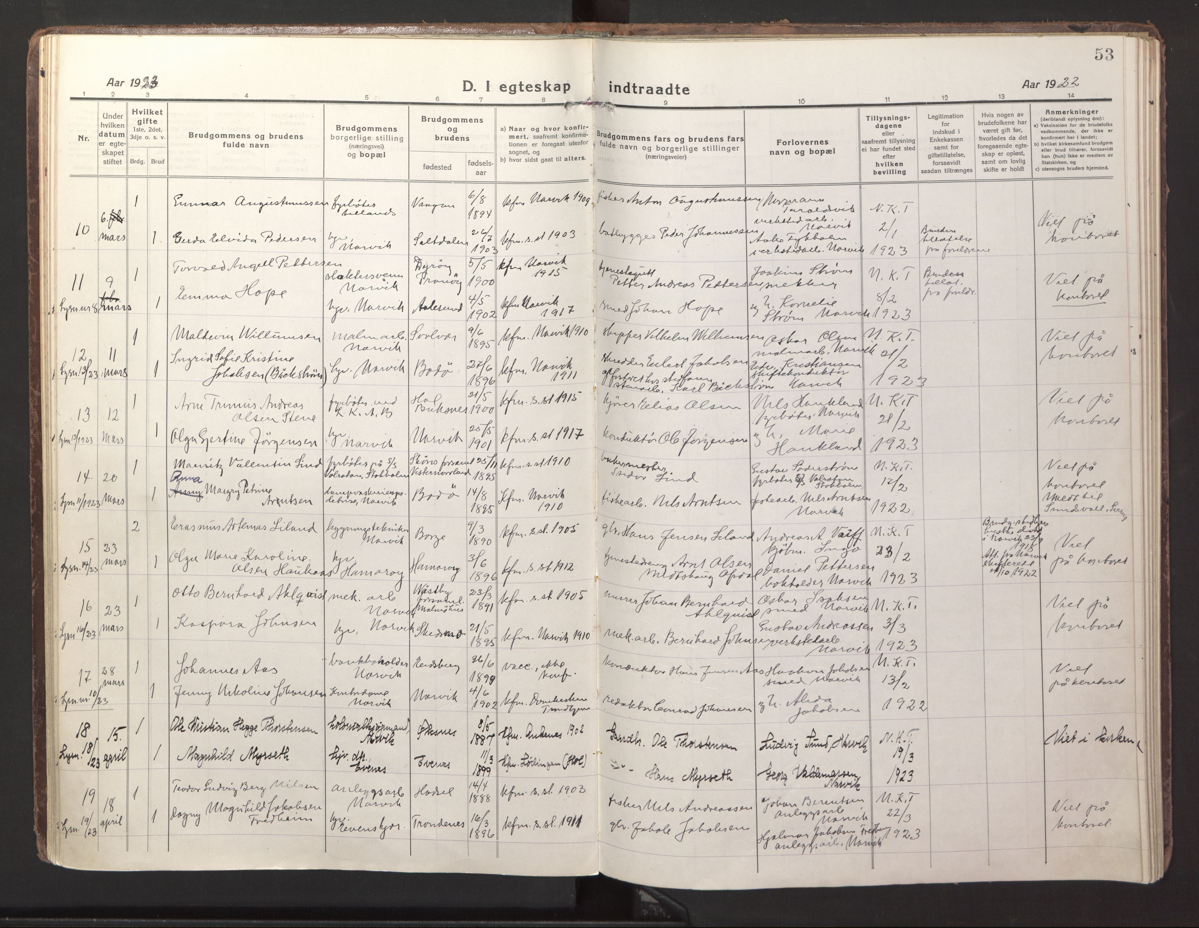 Ministerialprotokoller, klokkerbøker og fødselsregistre - Nordland, SAT/A-1459/871/L1002: Parish register (official) no. 871A18, 1917-1926, p. 53
