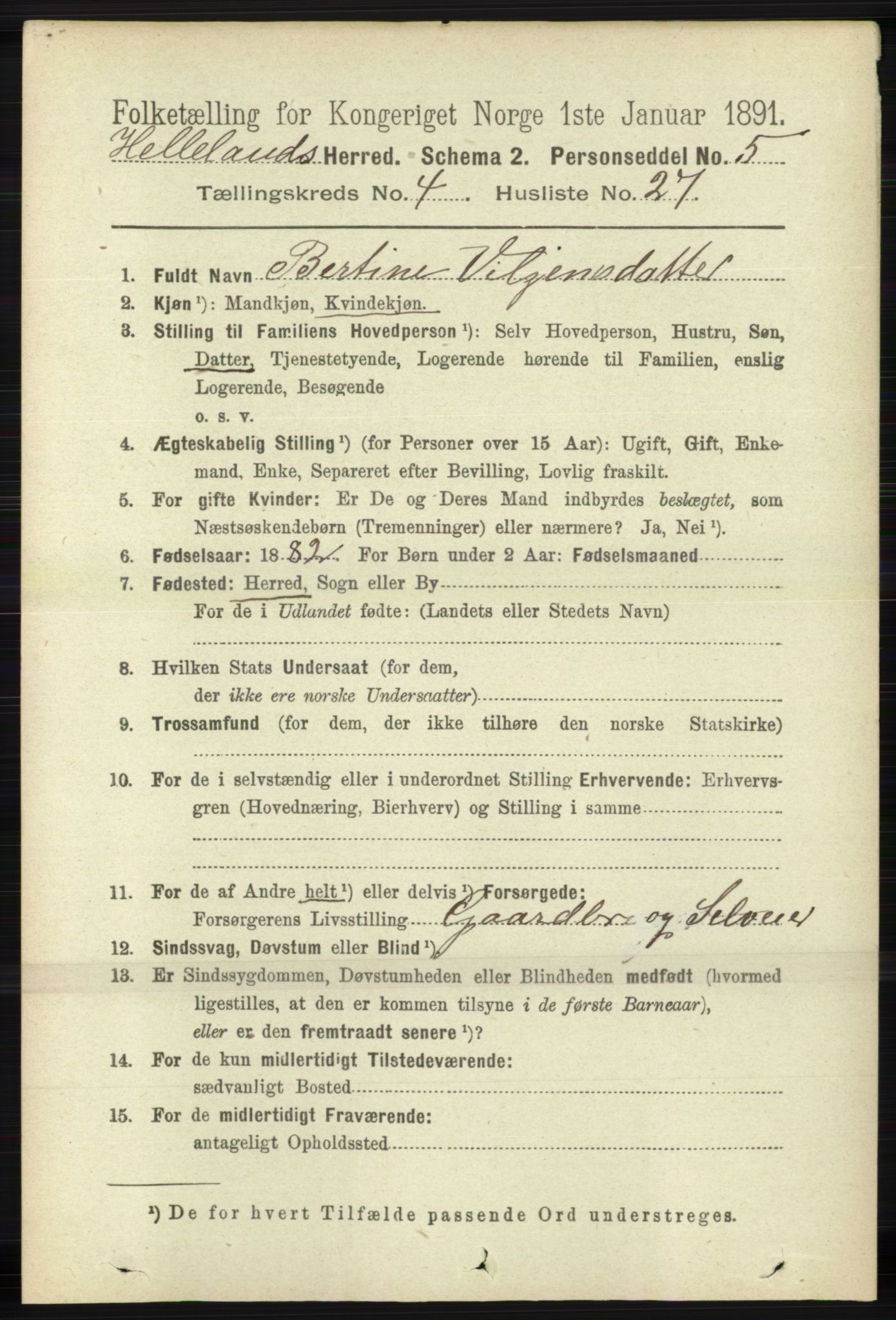 RA, 1891 census for 1115 Helleland, 1891, p. 1325