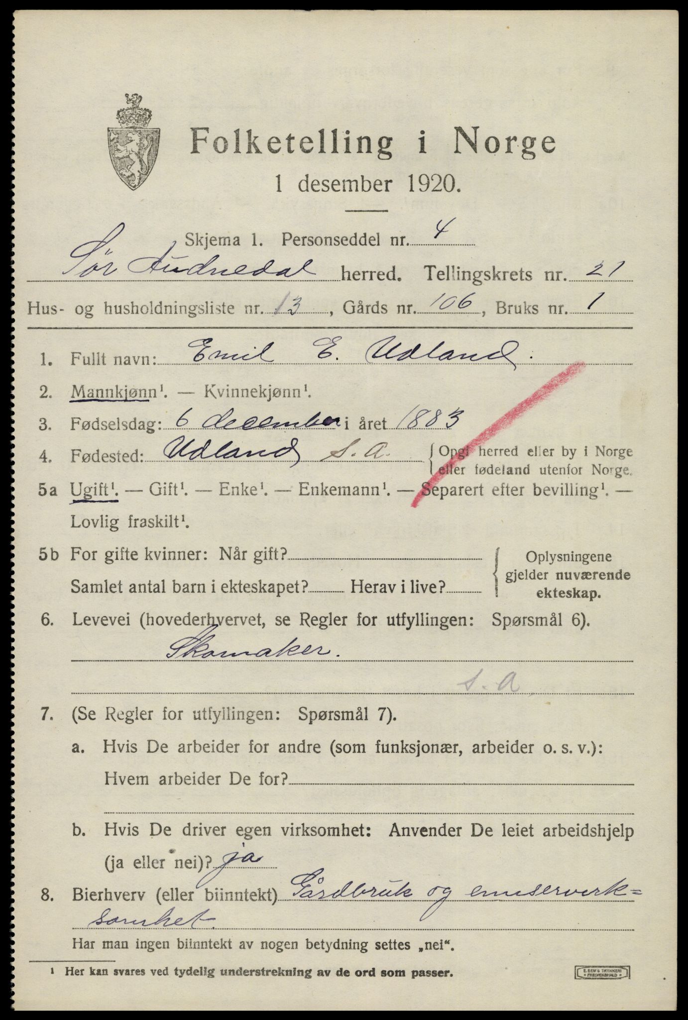 SAK, 1920 census for Sør-Audnedal, 1920, p. 7009