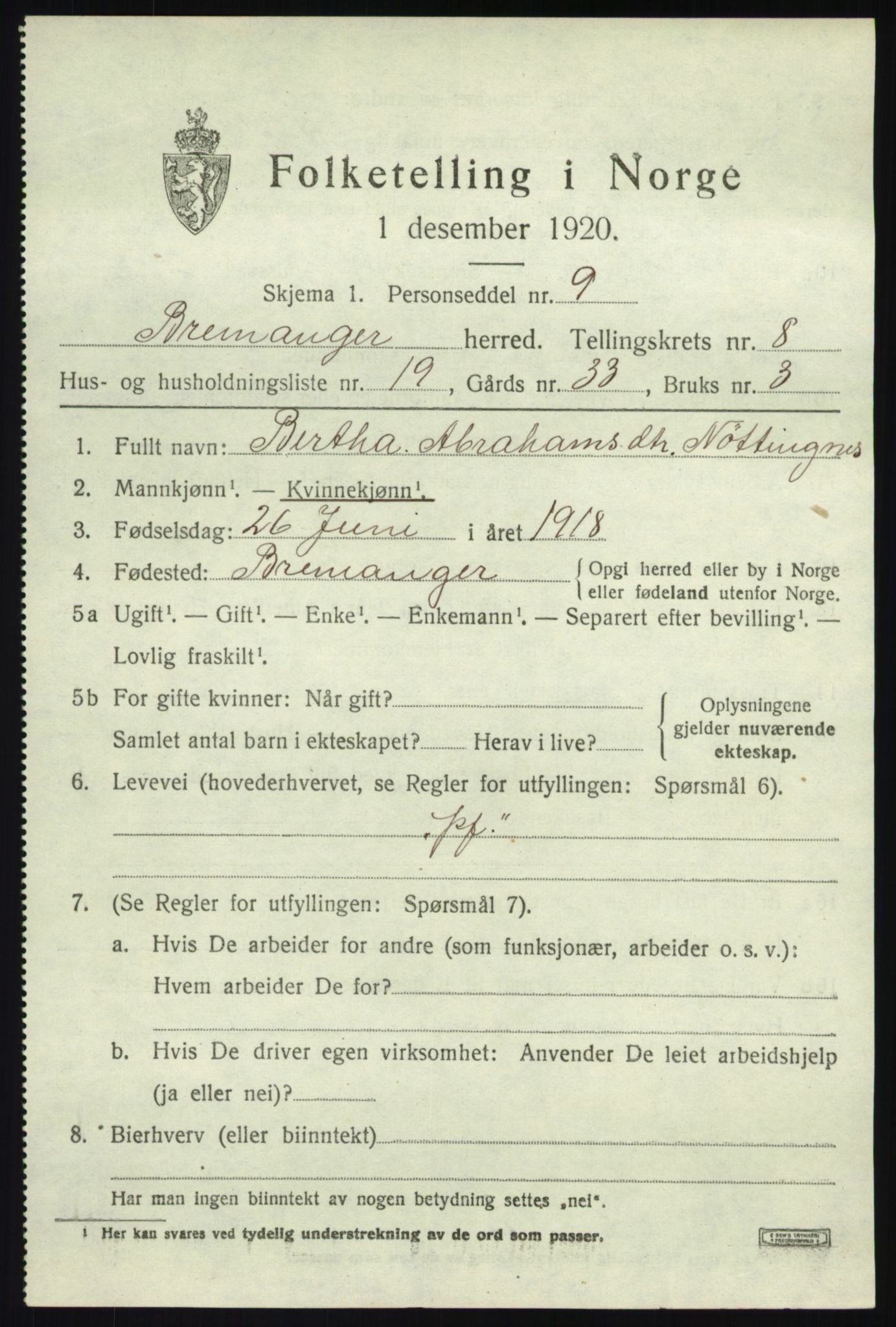 SAB, 1920 census for Bremanger, 1920, p. 5034