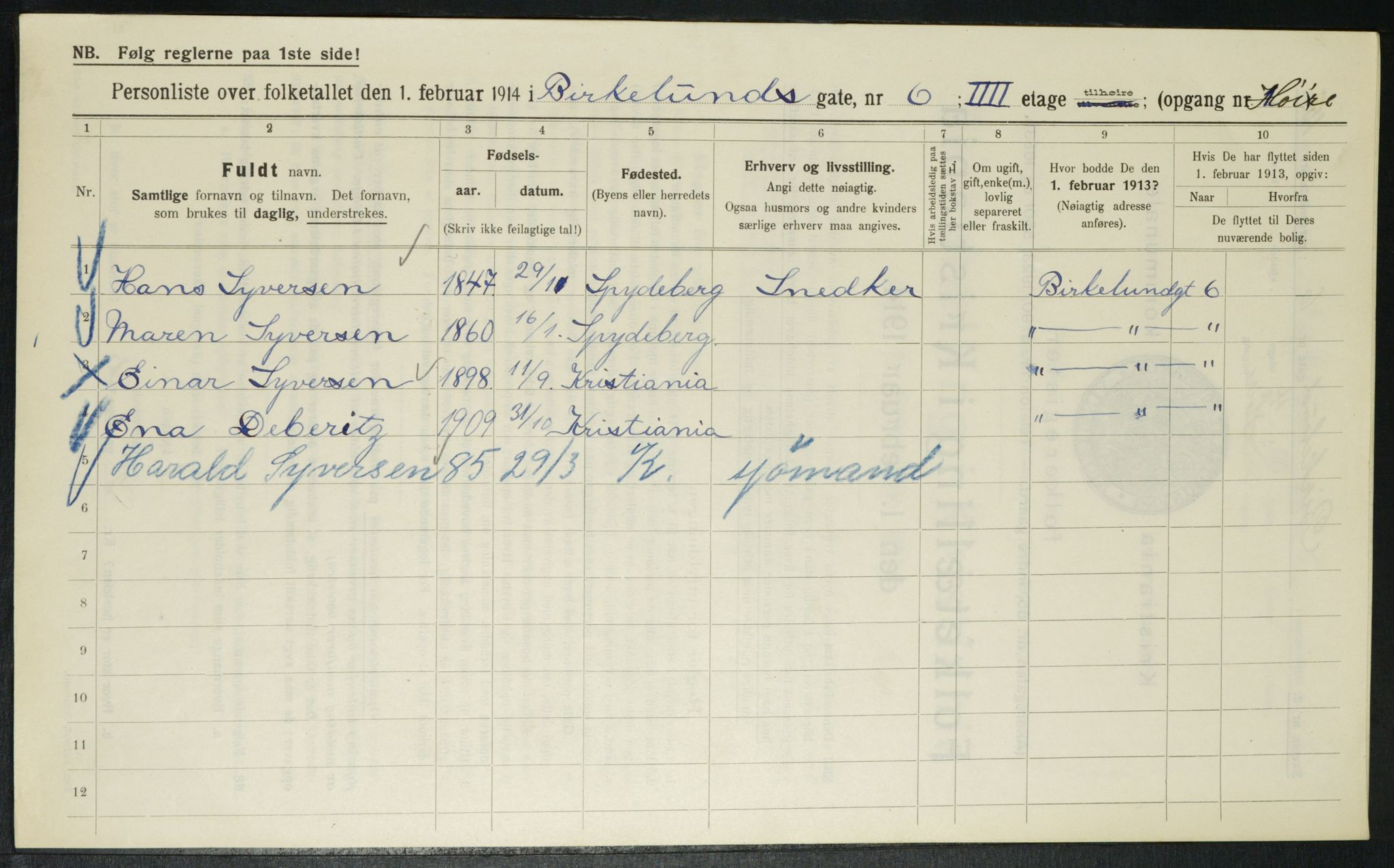 OBA, Municipal Census 1914 for Kristiania, 1914, p. 5168