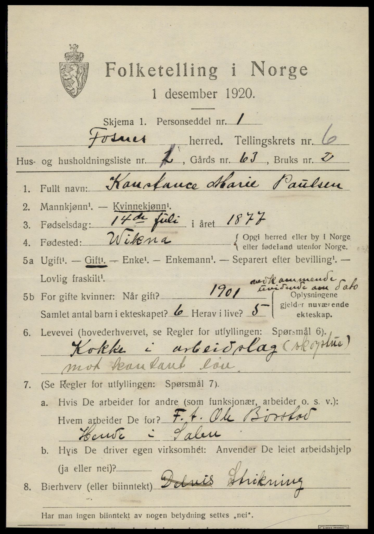 SAT, 1920 census for Fosnes, 1920, p. 2571