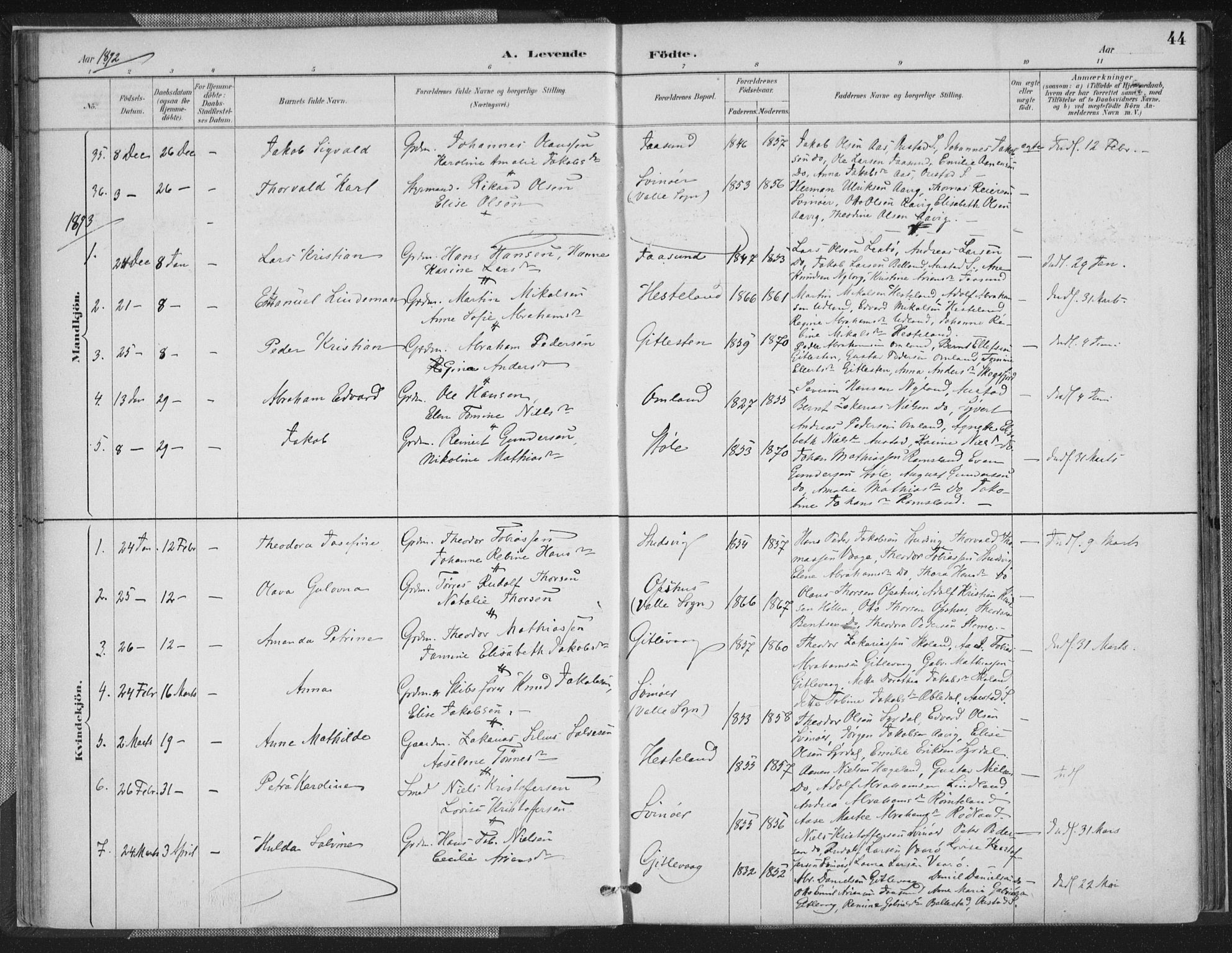 Sør-Audnedal sokneprestkontor, SAK/1111-0039/F/Fa/Faa/L0004: Parish register (official) no. A 4, 1884-1909, p. 44