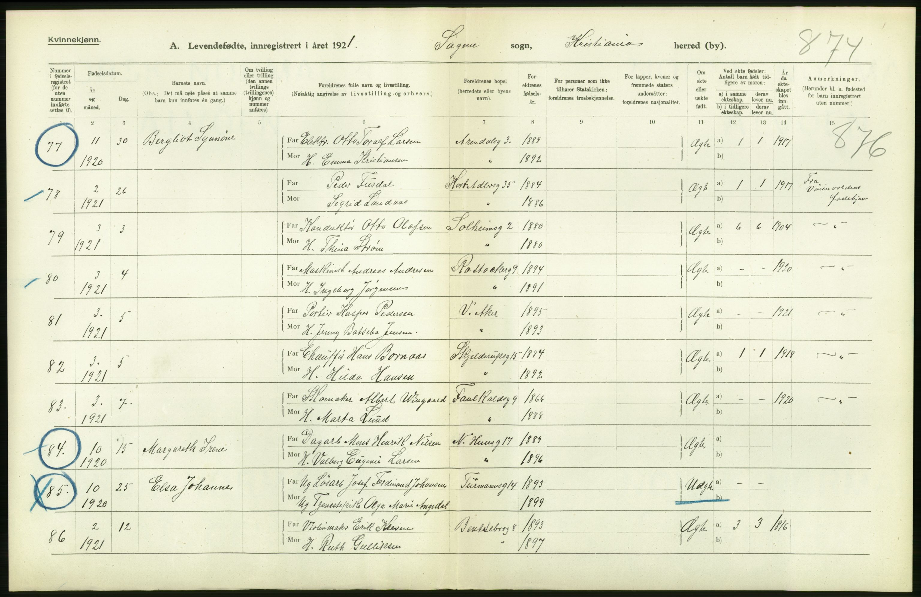 Statistisk sentralbyrå, Sosiodemografiske emner, Befolkning, AV/RA-S-2228/D/Df/Dfc/Dfca/L0010: Kristiania: Levendefødte menn og kvinner., 1921, p. 250