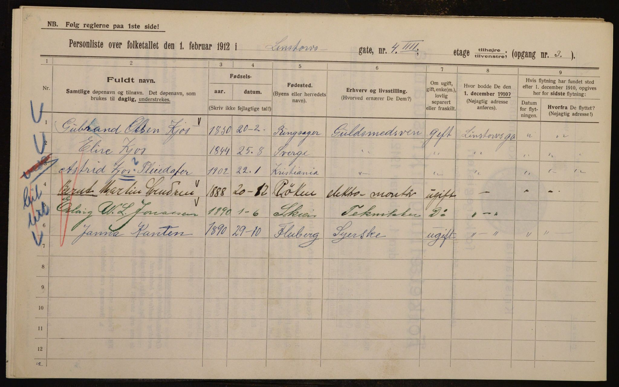 OBA, Municipal Census 1912 for Kristiania, 1912, p. 58055